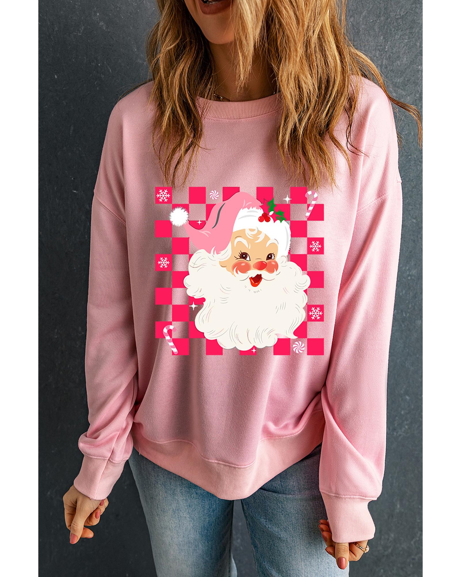 Pink Fancy Checkered Father Christmas Graphic Sweatshirt - S