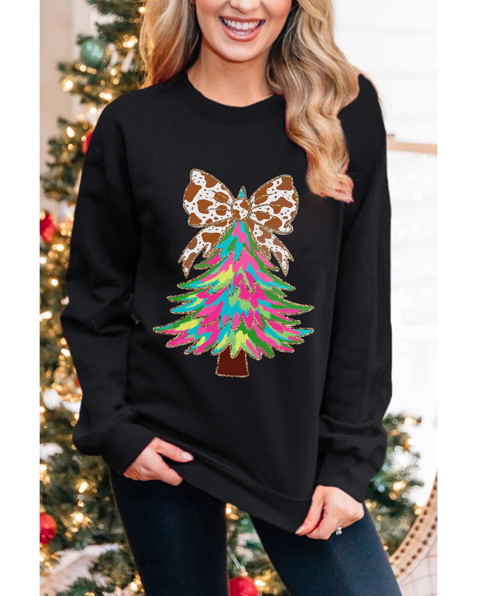Black Bowknot Christmas Tree Shiny Graphic Sweatshirt - L