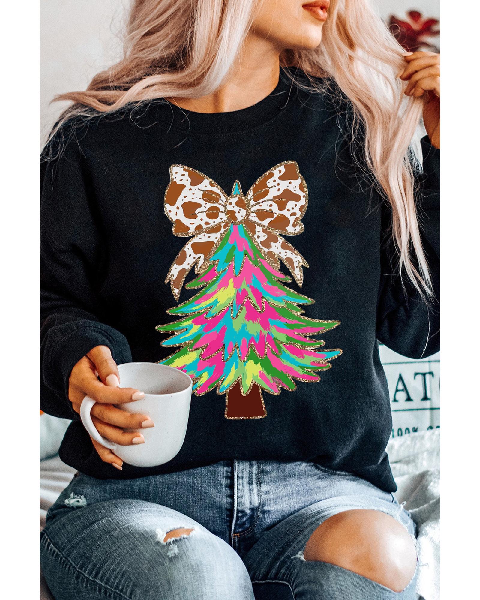Black Bowknot Christmas Tree Shiny Graphic Sweatshirt - L