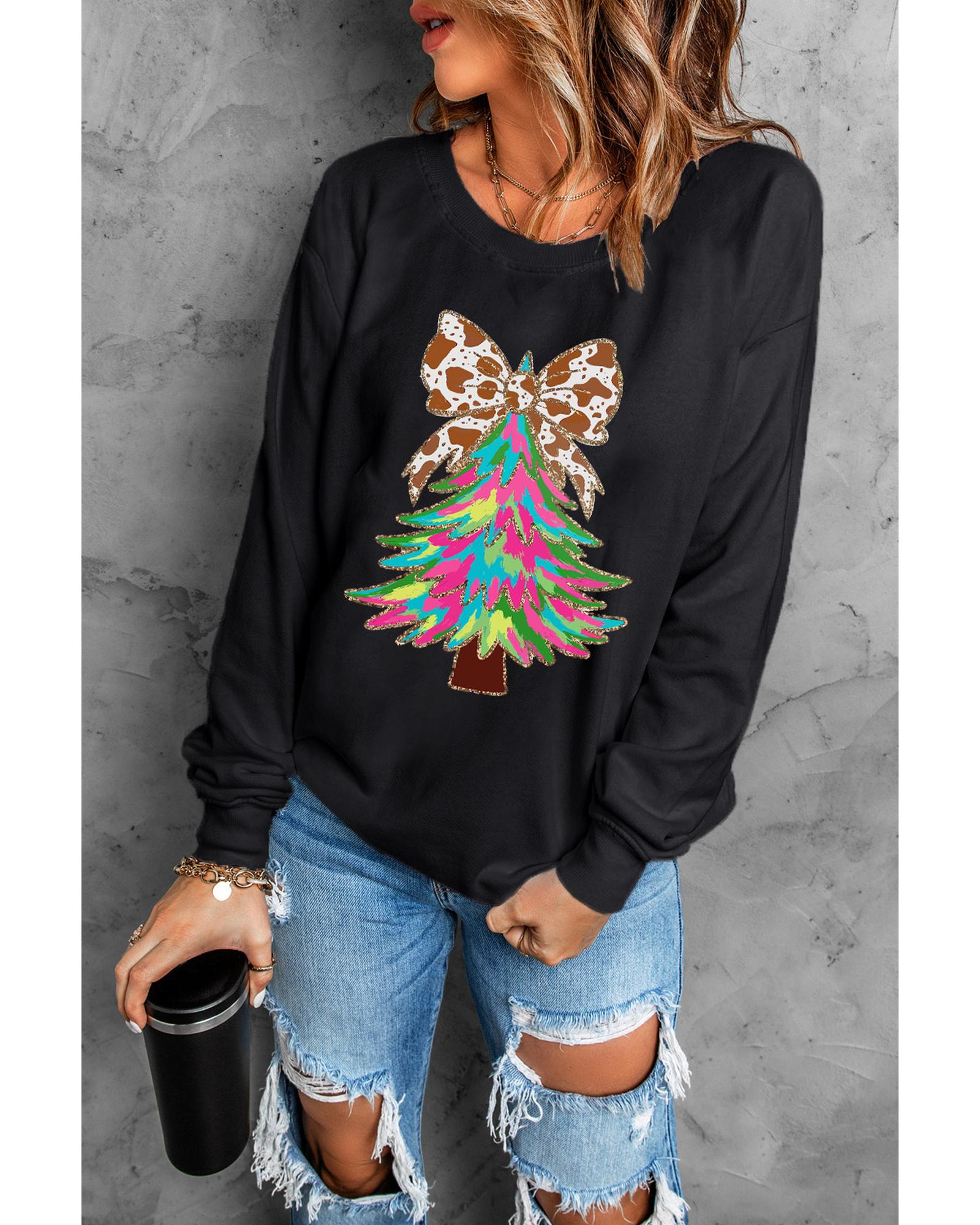 Black Bowknot Christmas Tree Shiny Graphic Sweatshirt - L