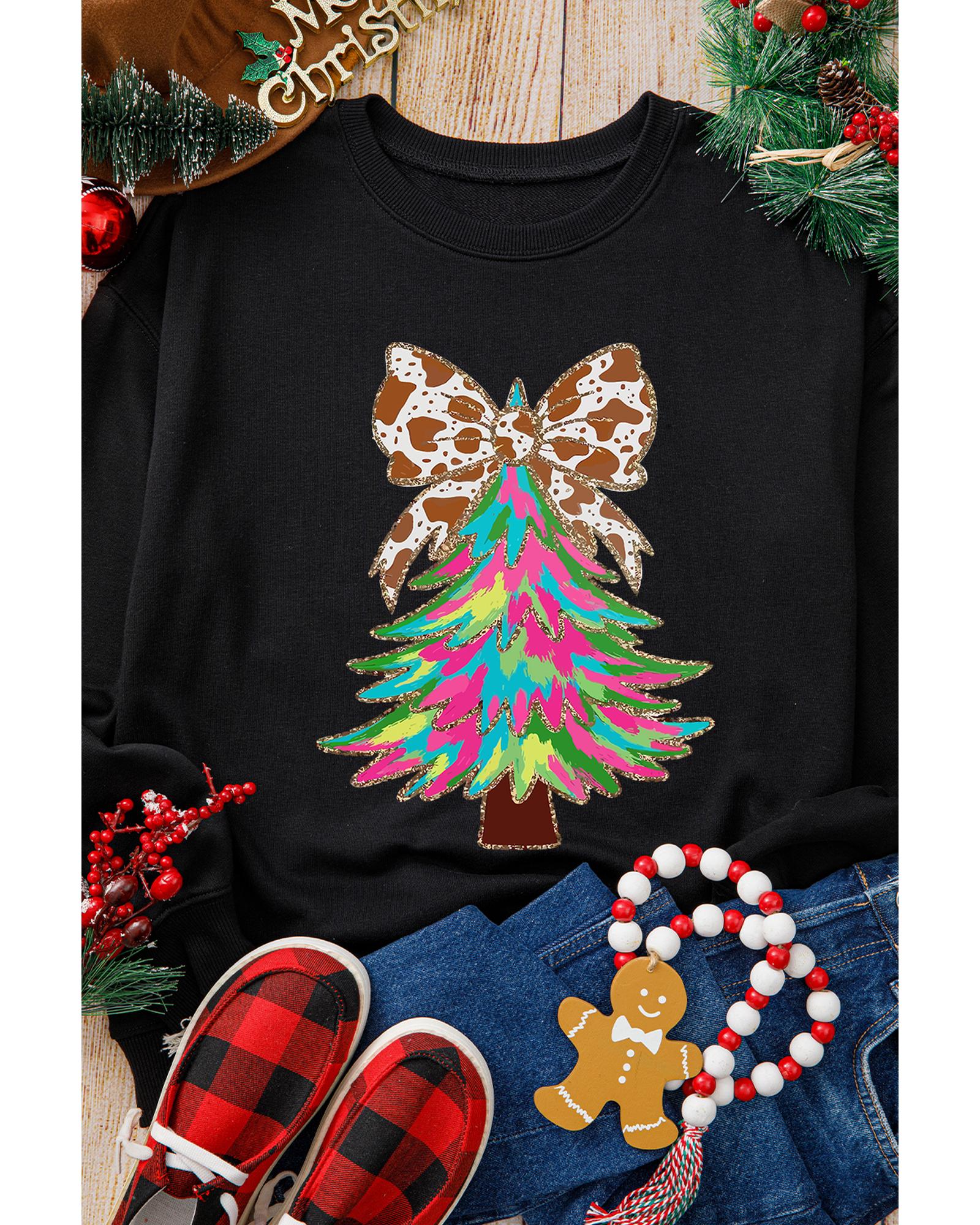 Black Bowknot Christmas Tree Shiny Graphic Sweatshirt - M