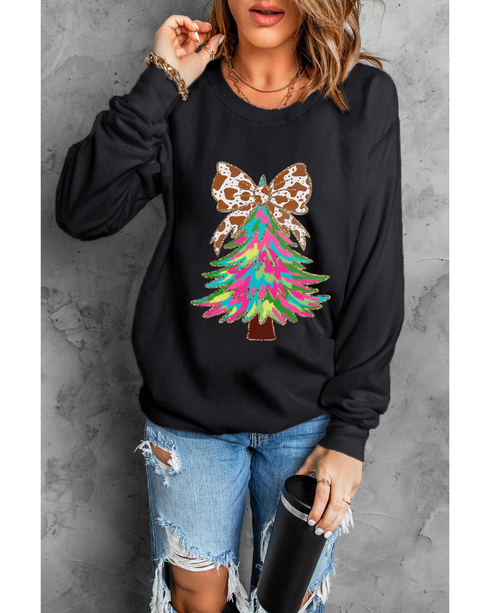 Black Bowknot Christmas Tree Shiny Graphic Sweatshirt - M