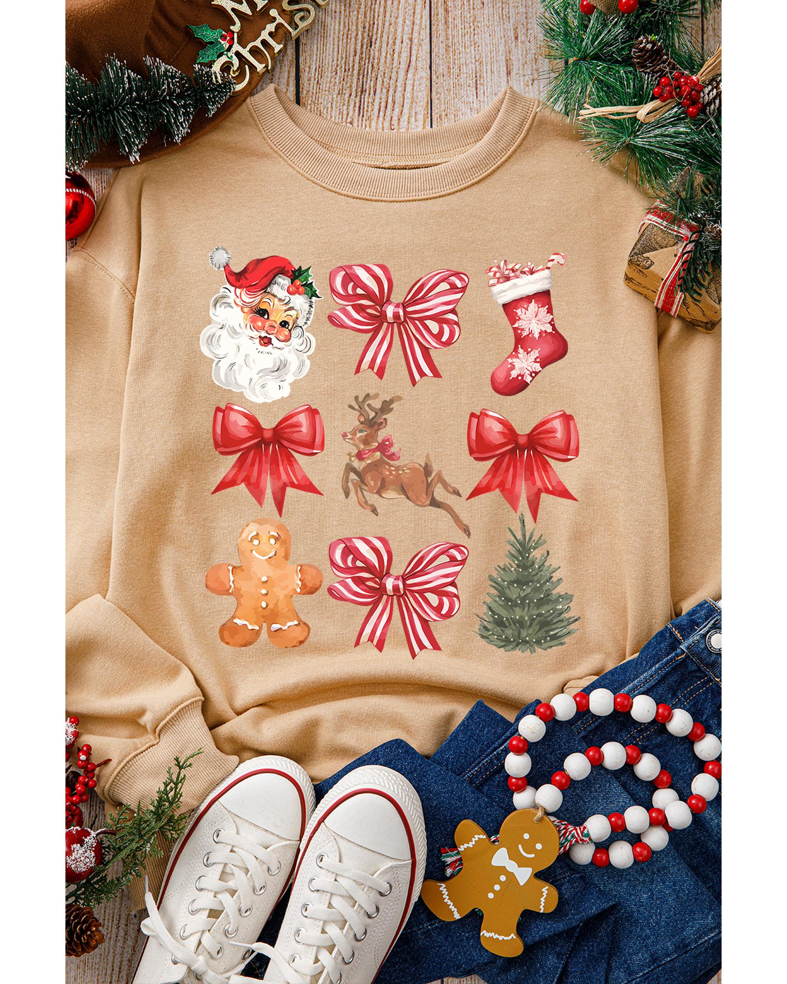 Khaki Christmas Pattern Graphic Crew Neck Sweatshirt - M
