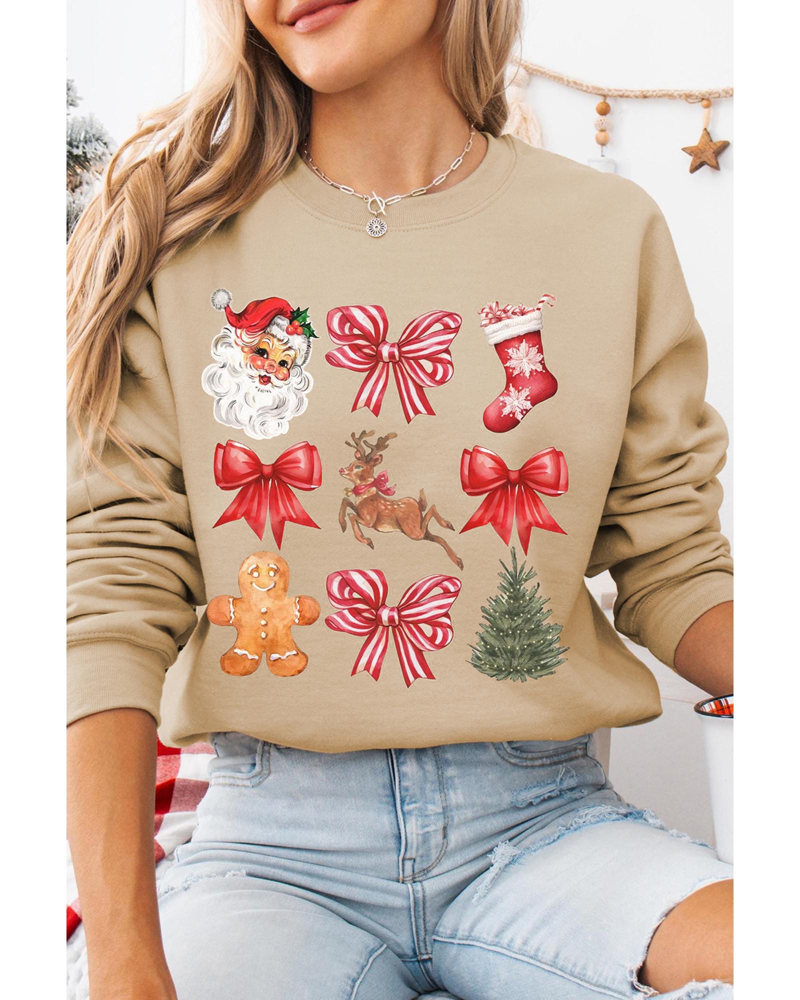 Khaki Christmas Pattern Graphic Crew Neck Sweatshirt - M