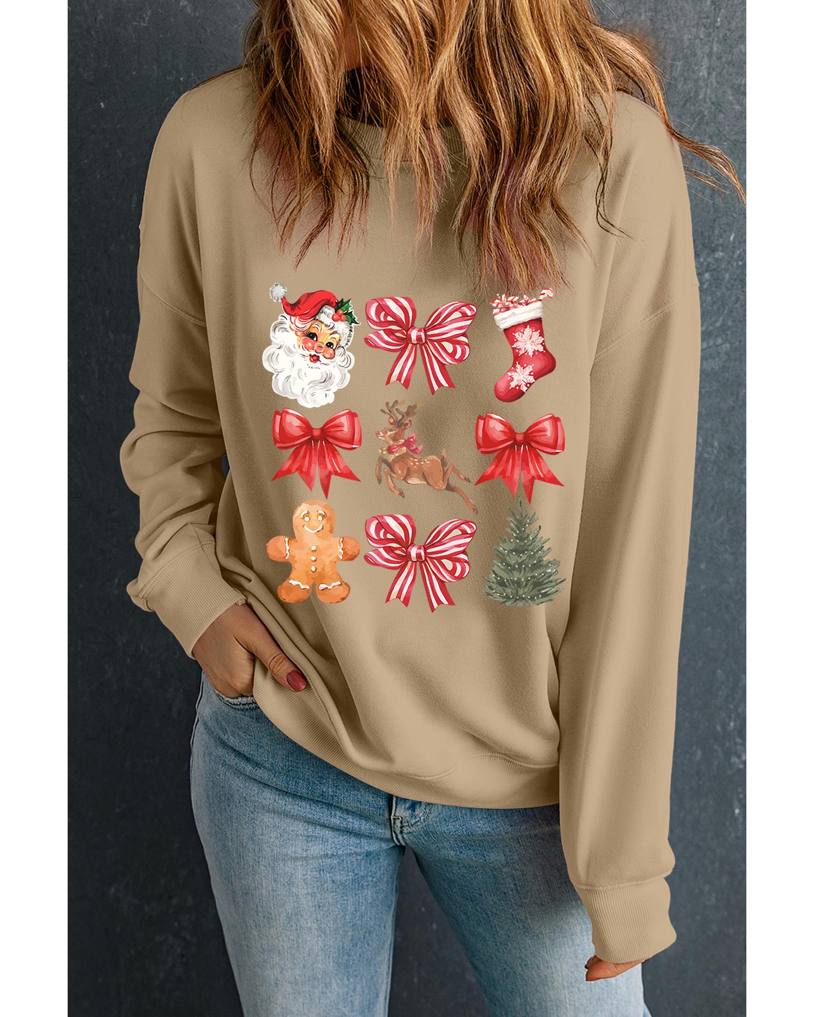 Khaki Christmas Pattern Graphic Crew Neck Sweatshirt - S