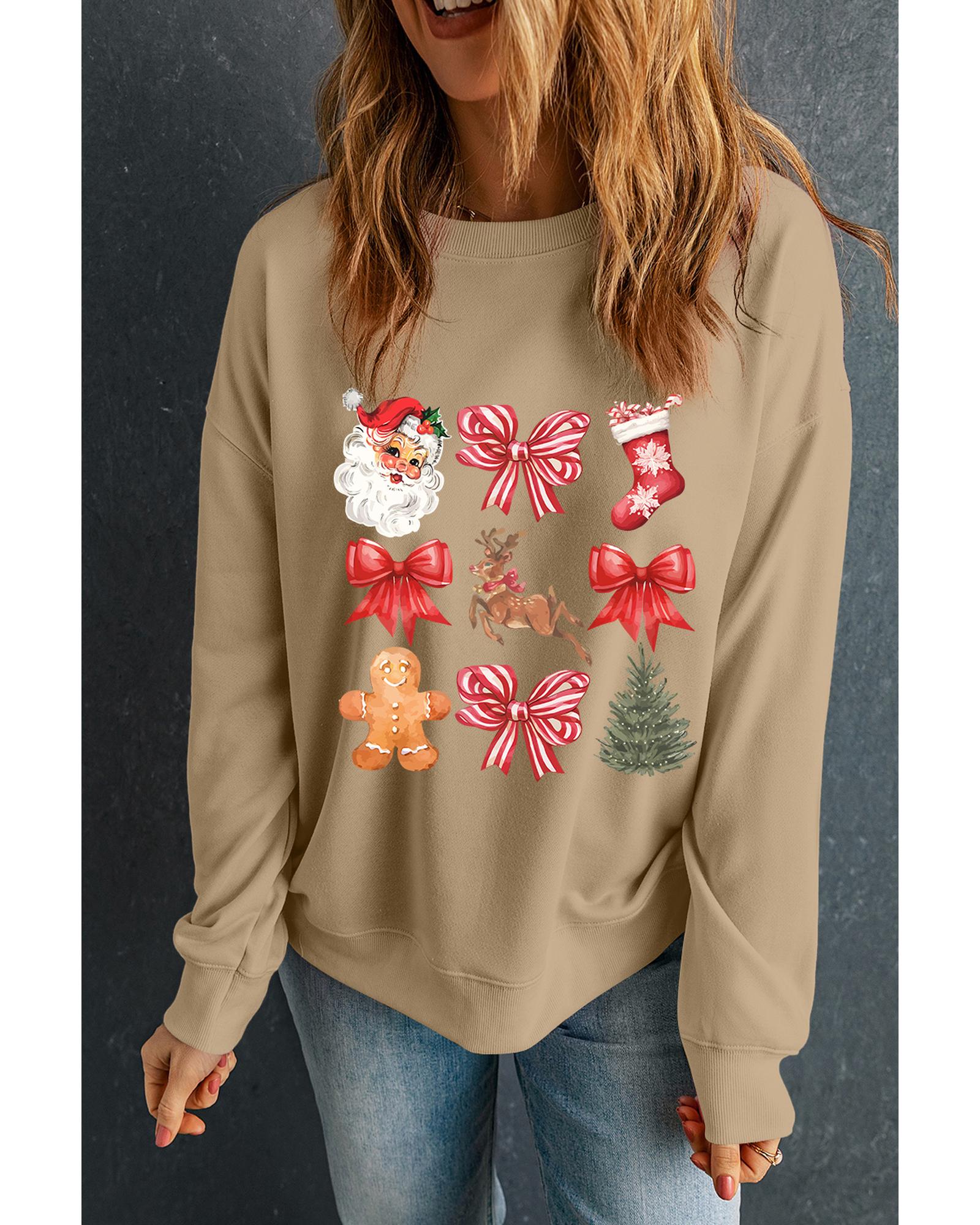 Khaki Christmas Pattern Graphic Crew Neck Sweatshirt - S
