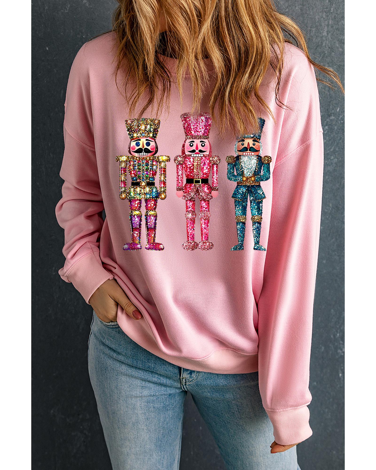 Pink Shimmer Nutcracker Graphic Christmas Pullover Sweatshirt - L