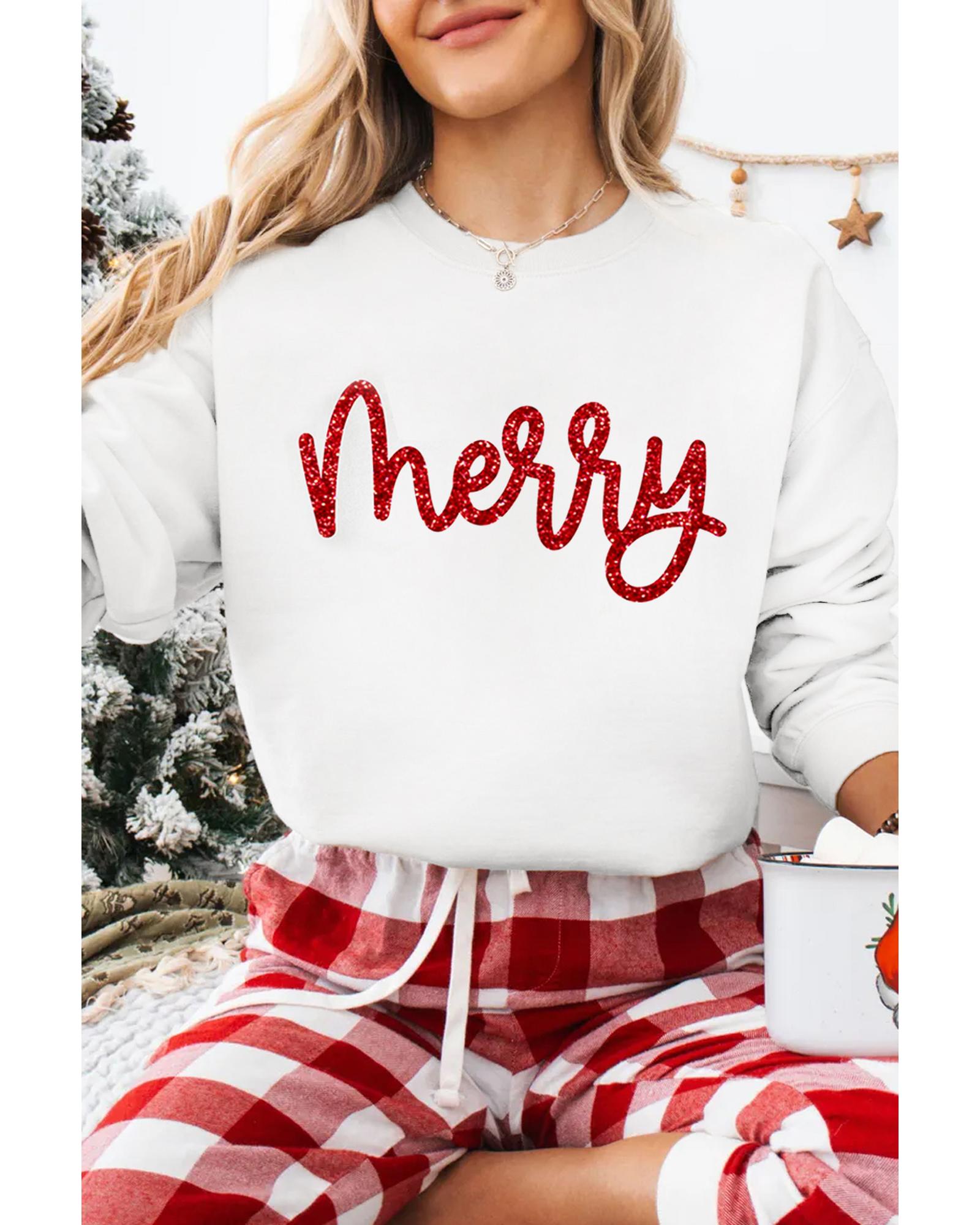 Beige Merry Graphic Christmas Crew Neck Sweatshirt - S