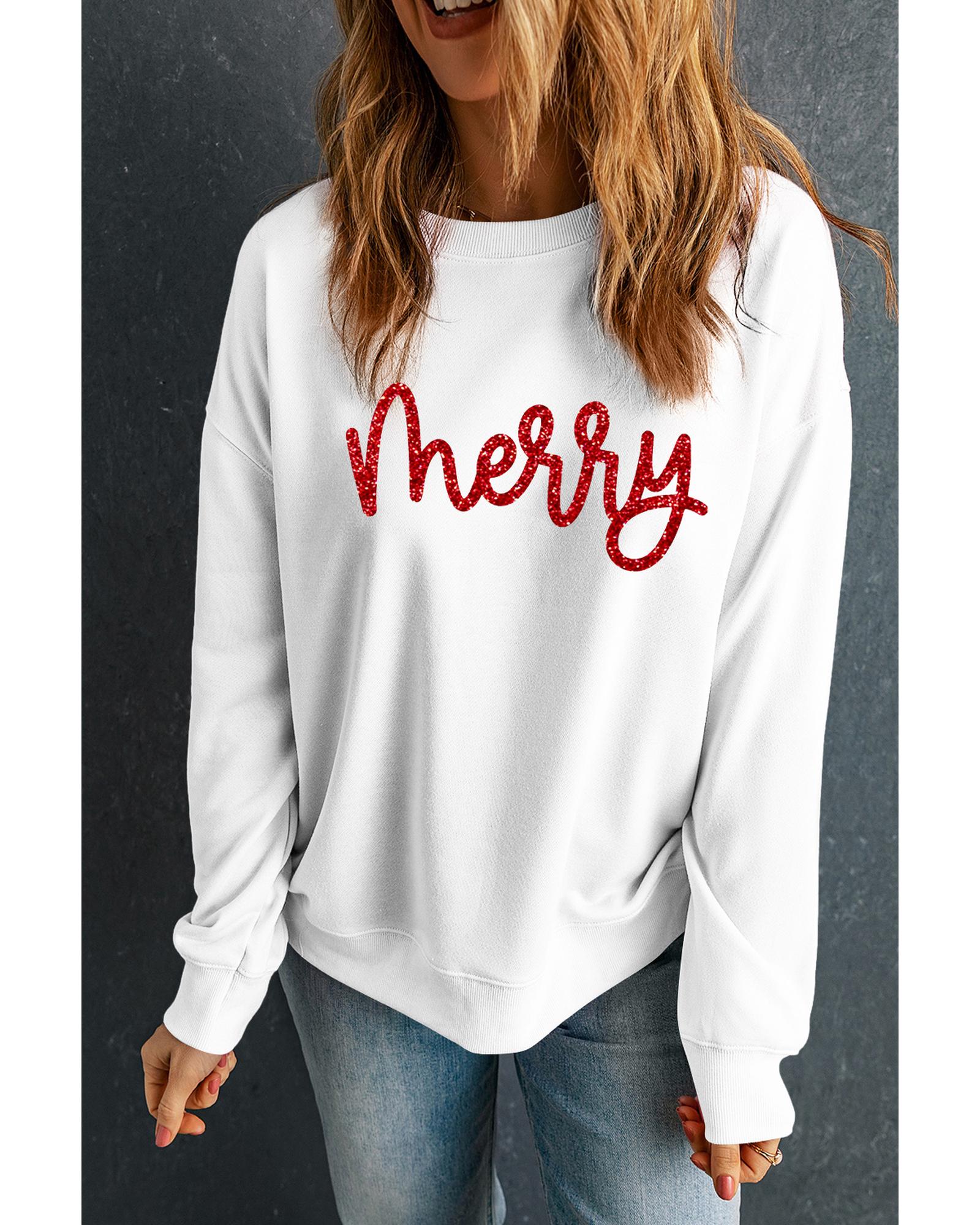 Beige Merry Graphic Christmas Crew Neck Sweatshirt - S