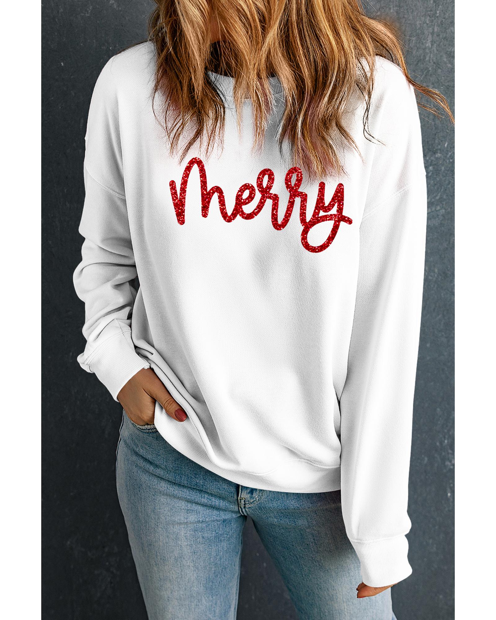 Beige Merry Graphic Christmas Crew Neck Sweatshirt - XL