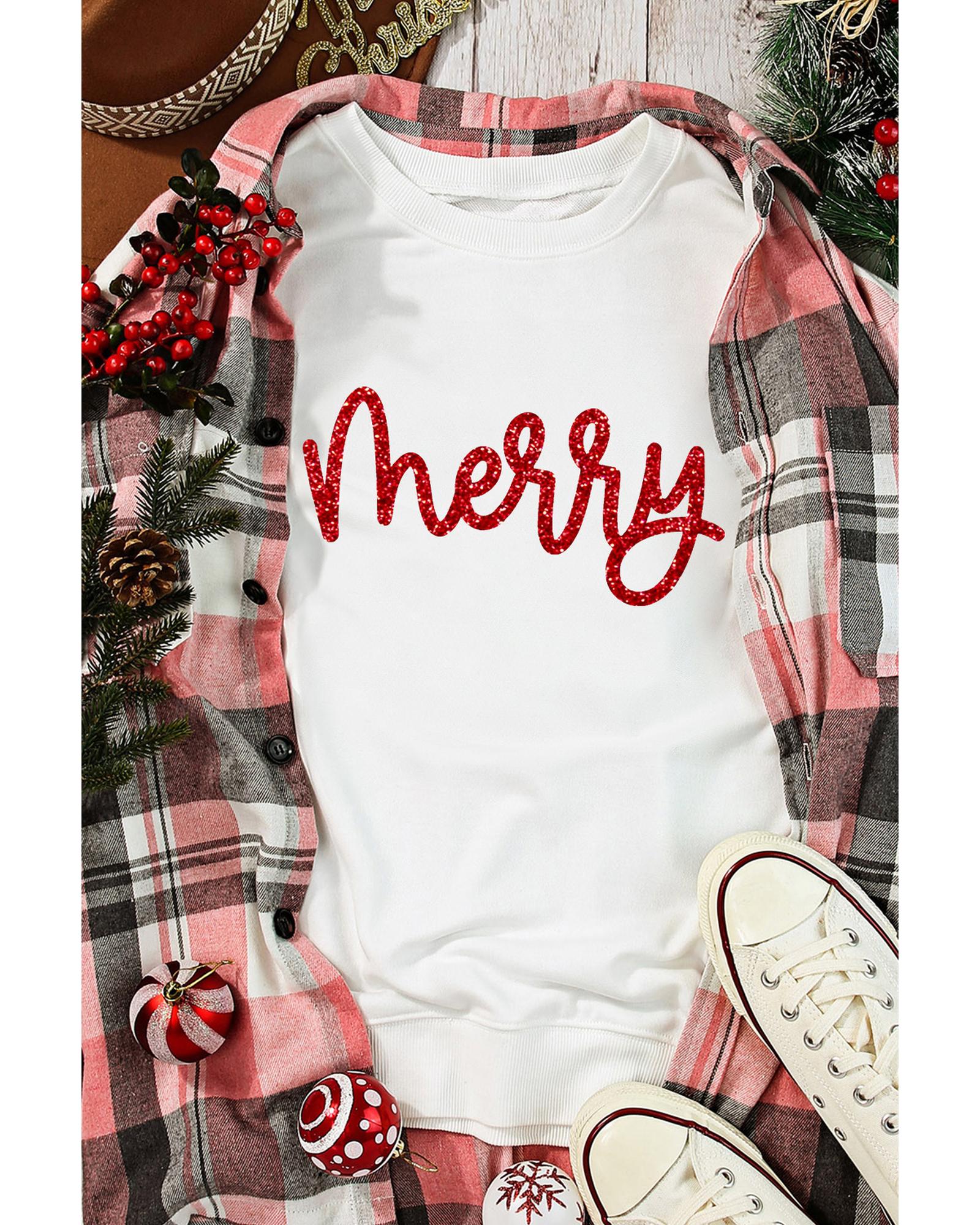 Beige Merry Graphic Christmas Crew Neck Sweatshirt - XL