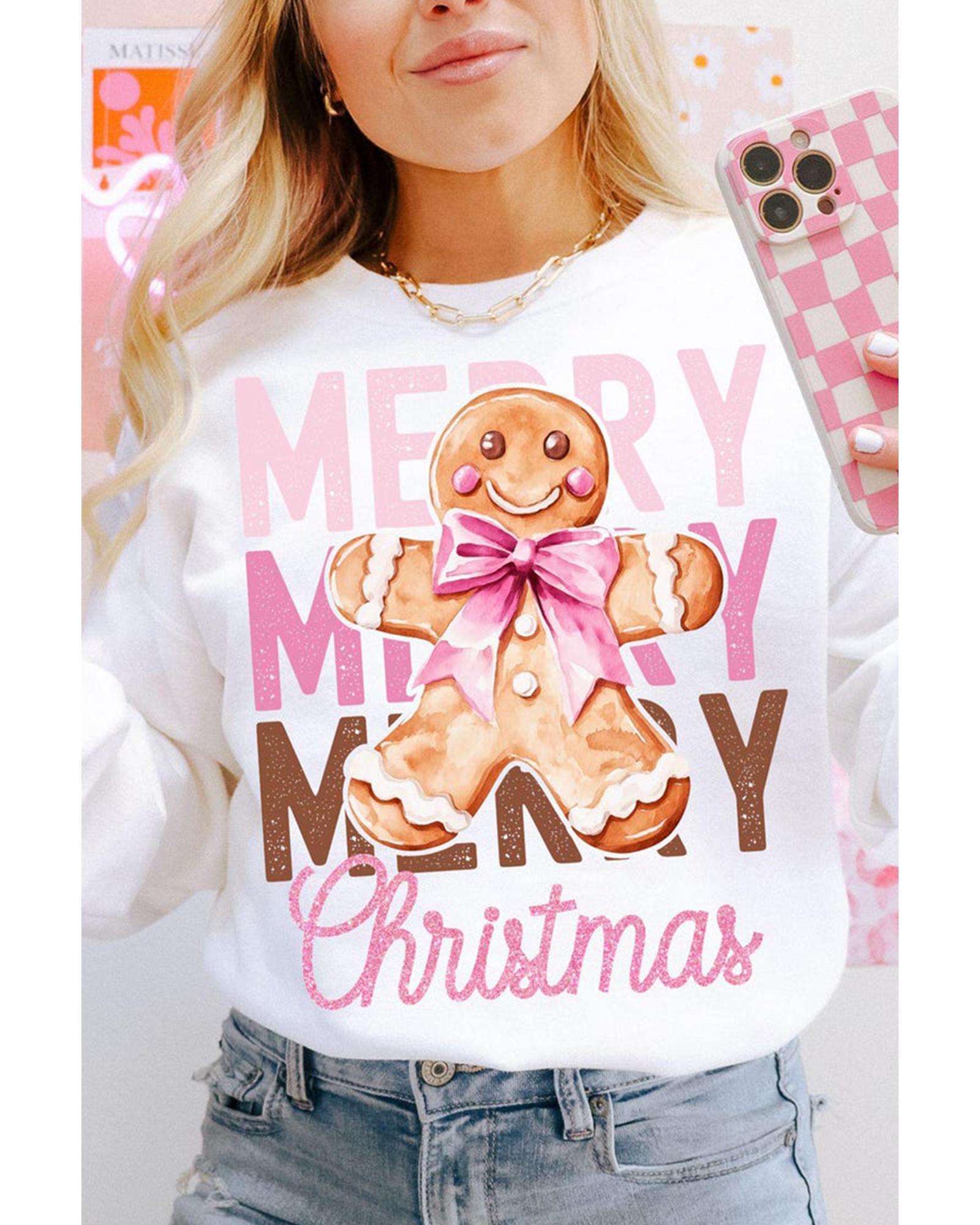 Beige Merry Christmas Gingerbread Man Graphic Sweatshirt - L