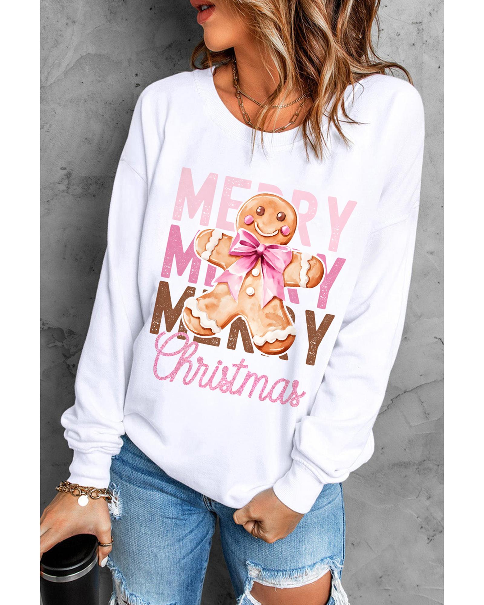 Beige Merry Christmas Gingerbread Man Graphic Sweatshirt - S