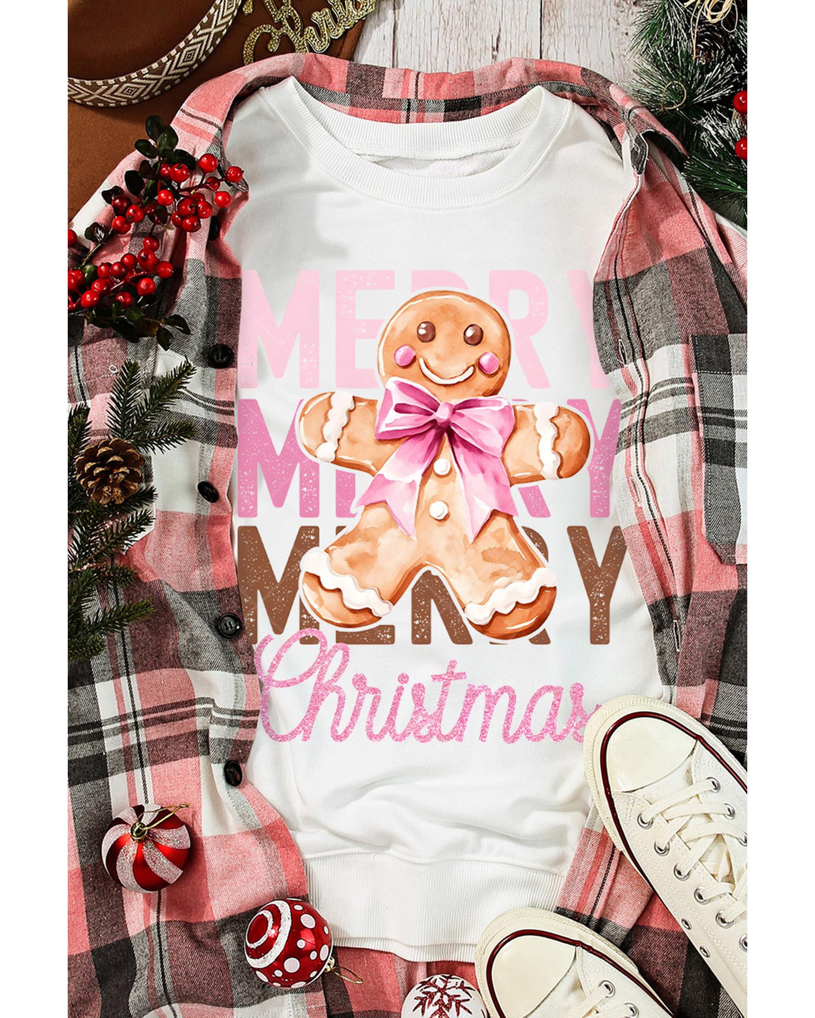 Beige Merry Christmas Gingerbread Man Graphic Sweatshirt - XL