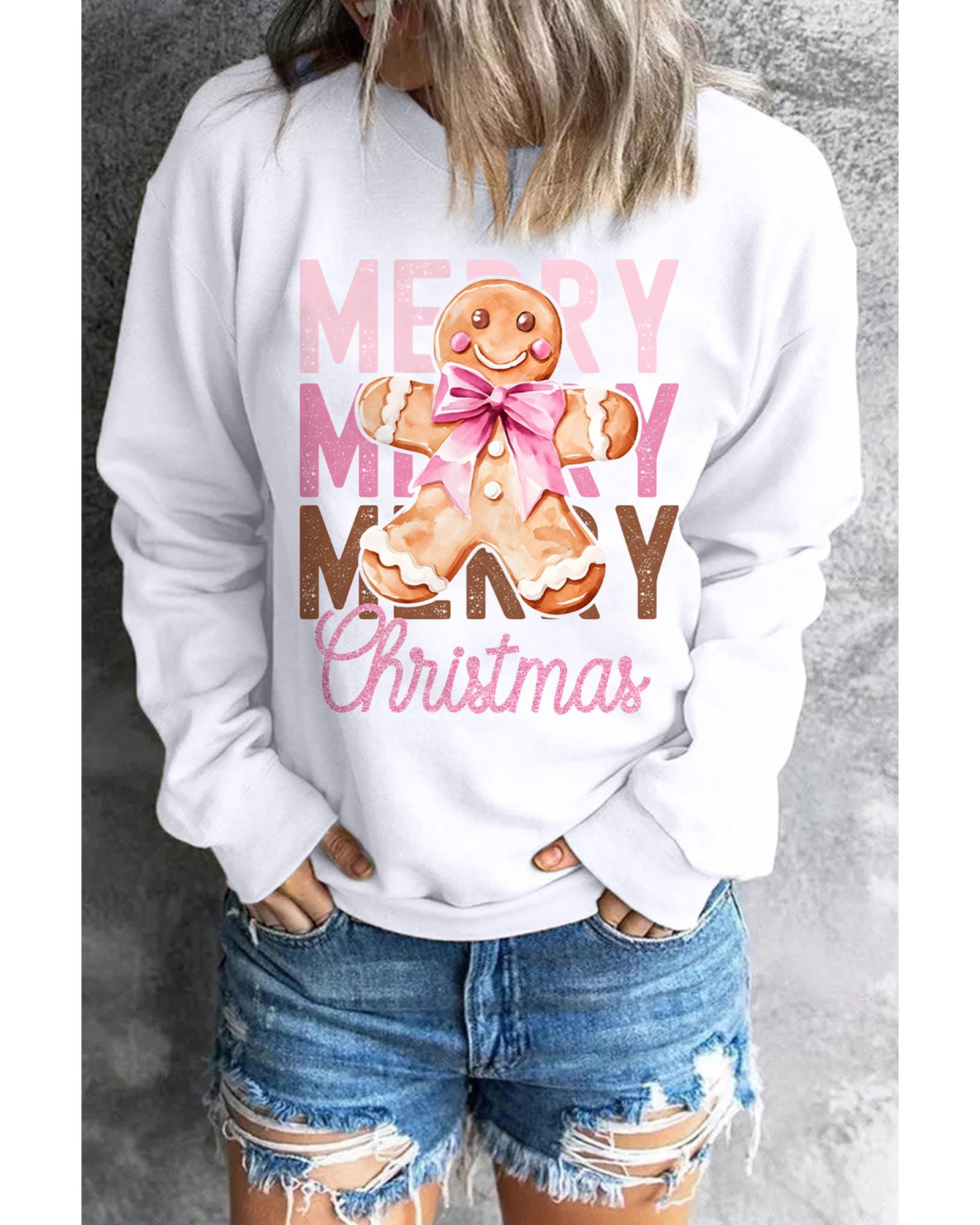 Beige Merry Christmas Gingerbread Man Graphic Sweatshirt - XL