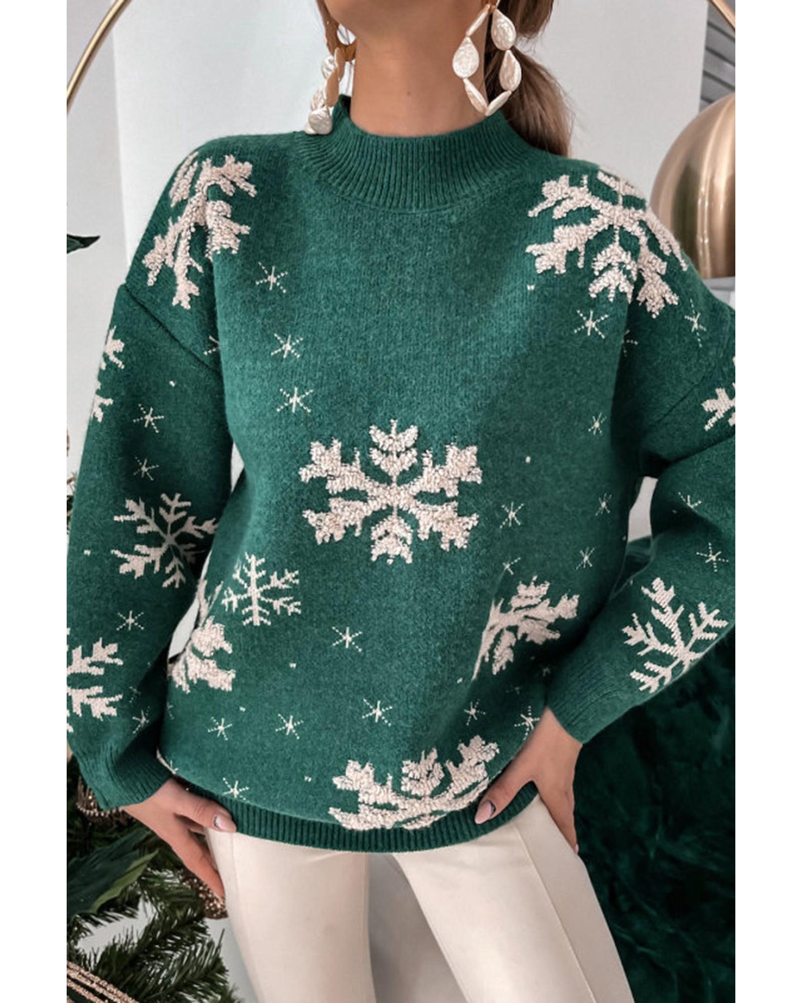 Blackish Green Christmas Snowflake Mock Neck Sweater - S