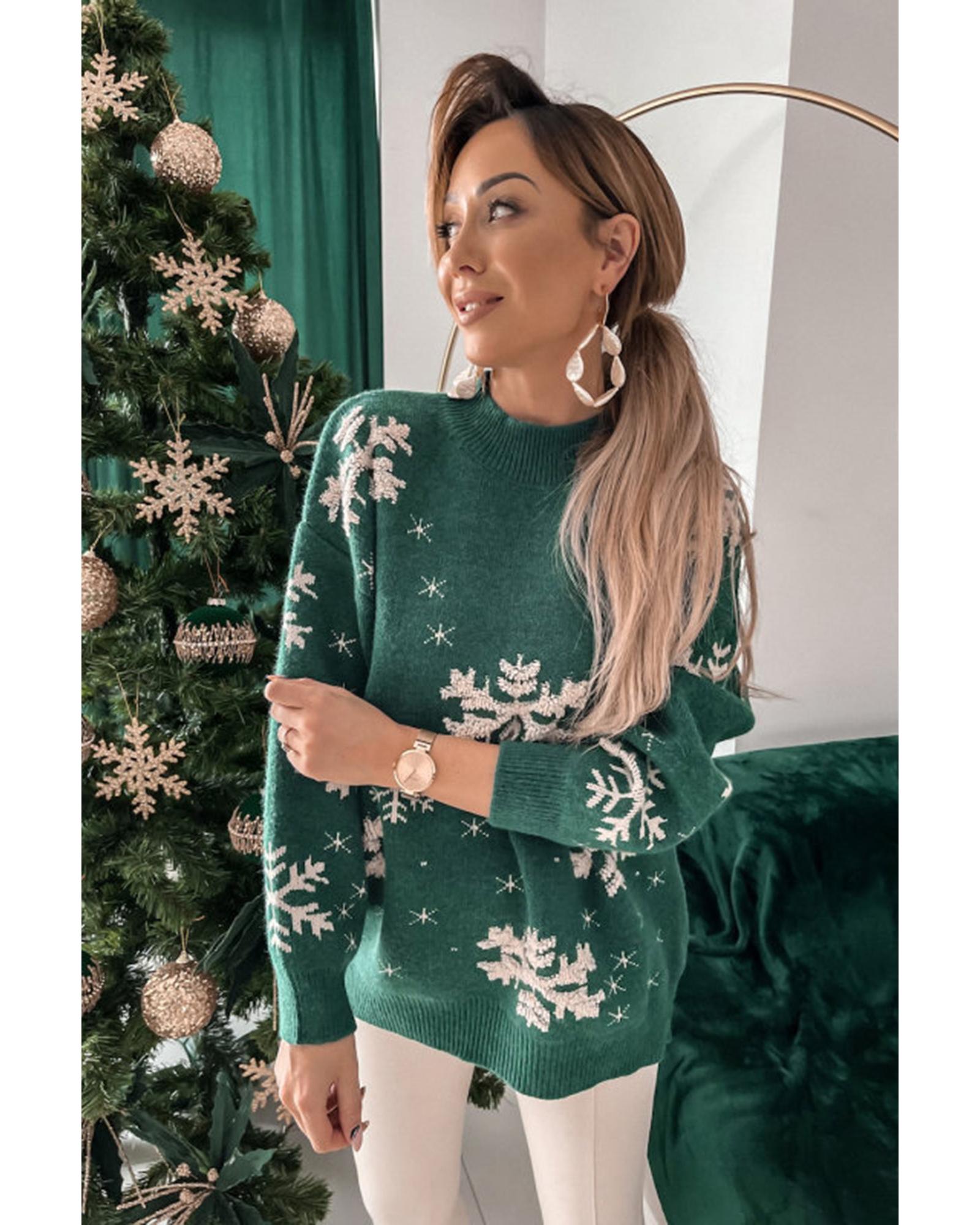 Blackish Green Christmas Snowflake Mock Neck Sweater - S