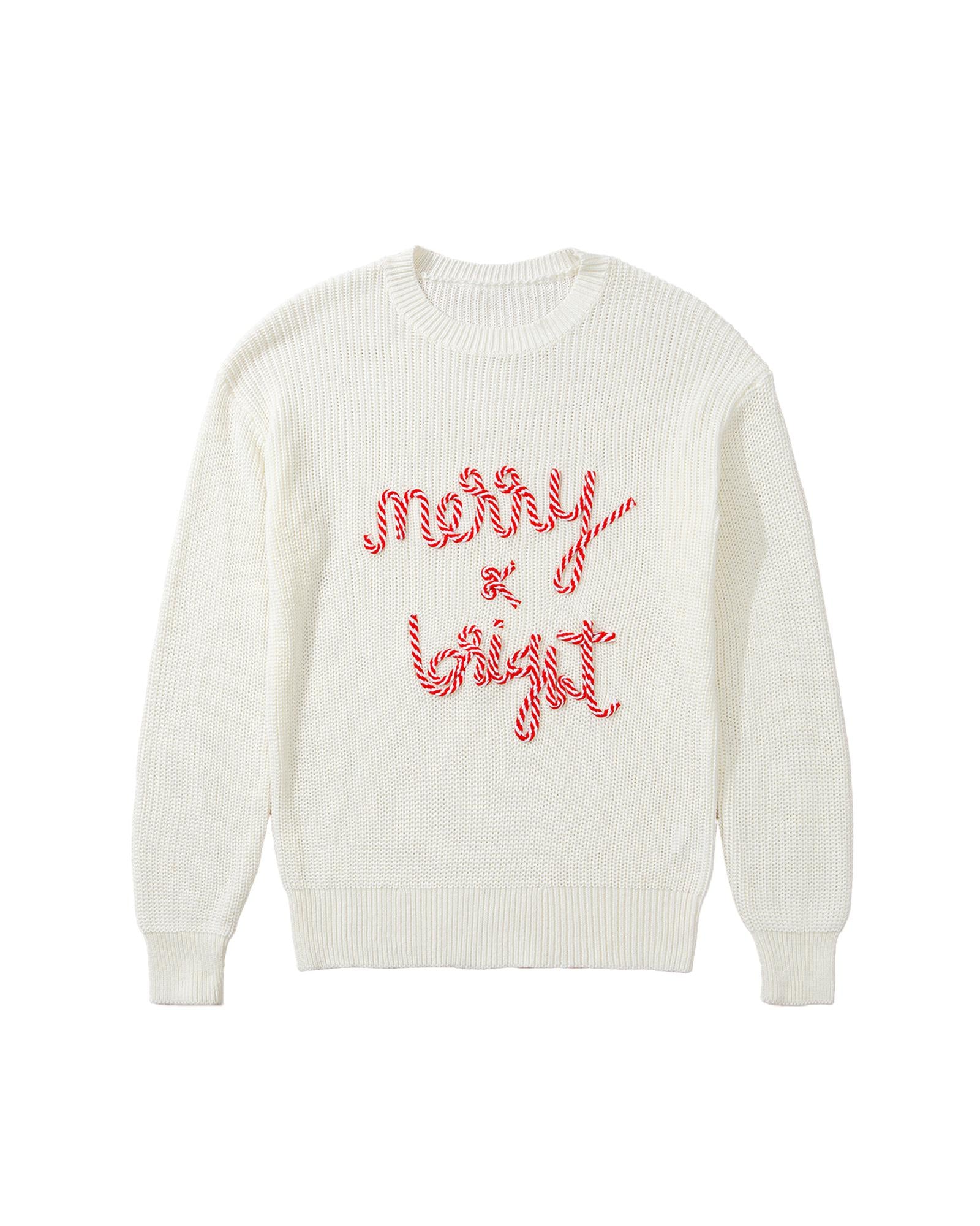 White Striped Merry Bright Letter Christmas Sweater - L