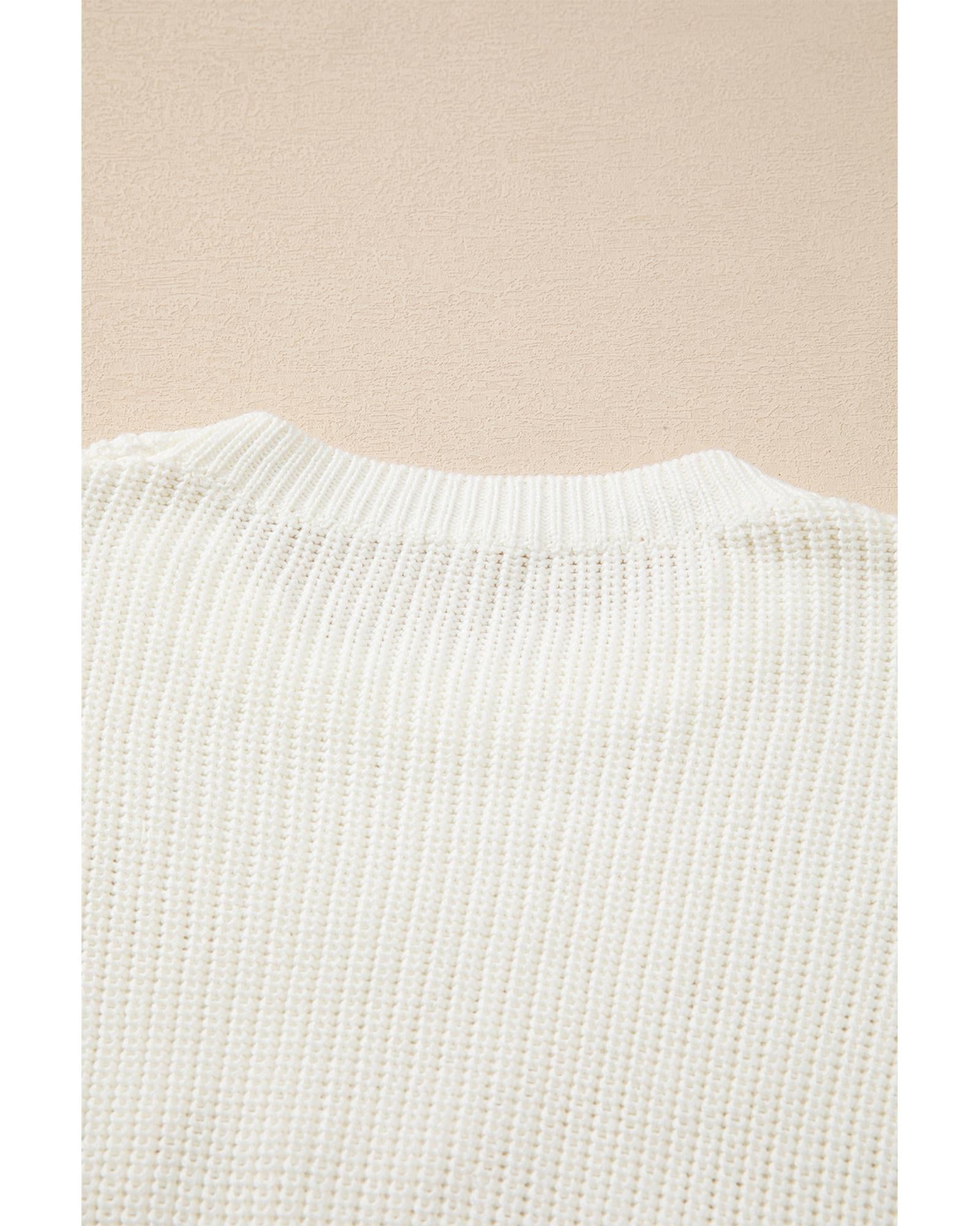 White Striped Merry Bright Letter Christmas Sweater - L