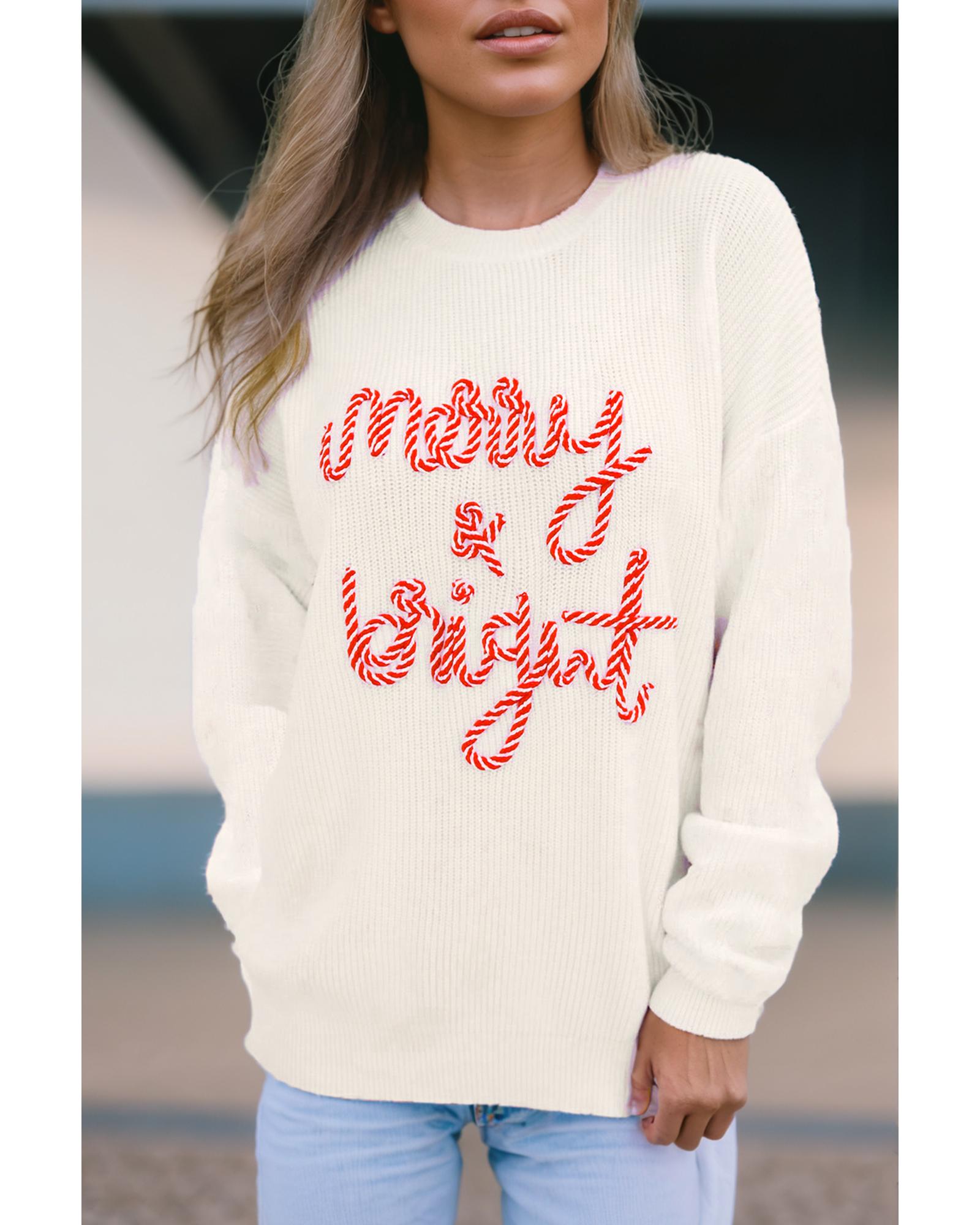 White Striped Merry Bright Letter Christmas Sweater - M
