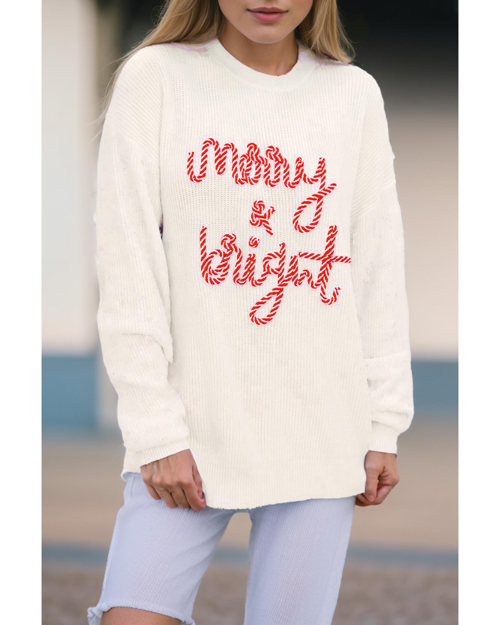 White Striped Merry Bright Letter Christmas Sweater - XL