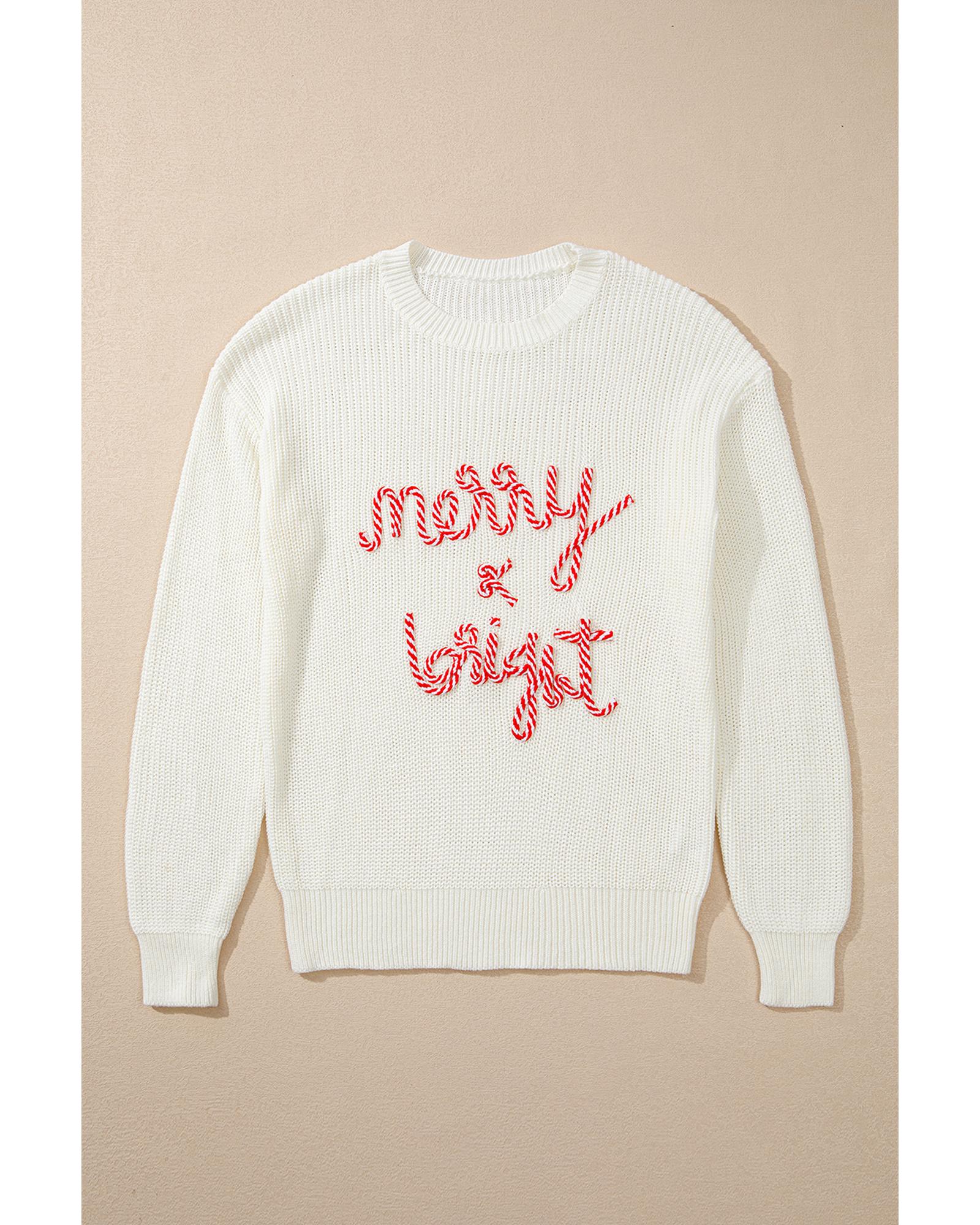 White Striped Merry Bright Letter Christmas Sweater - XL