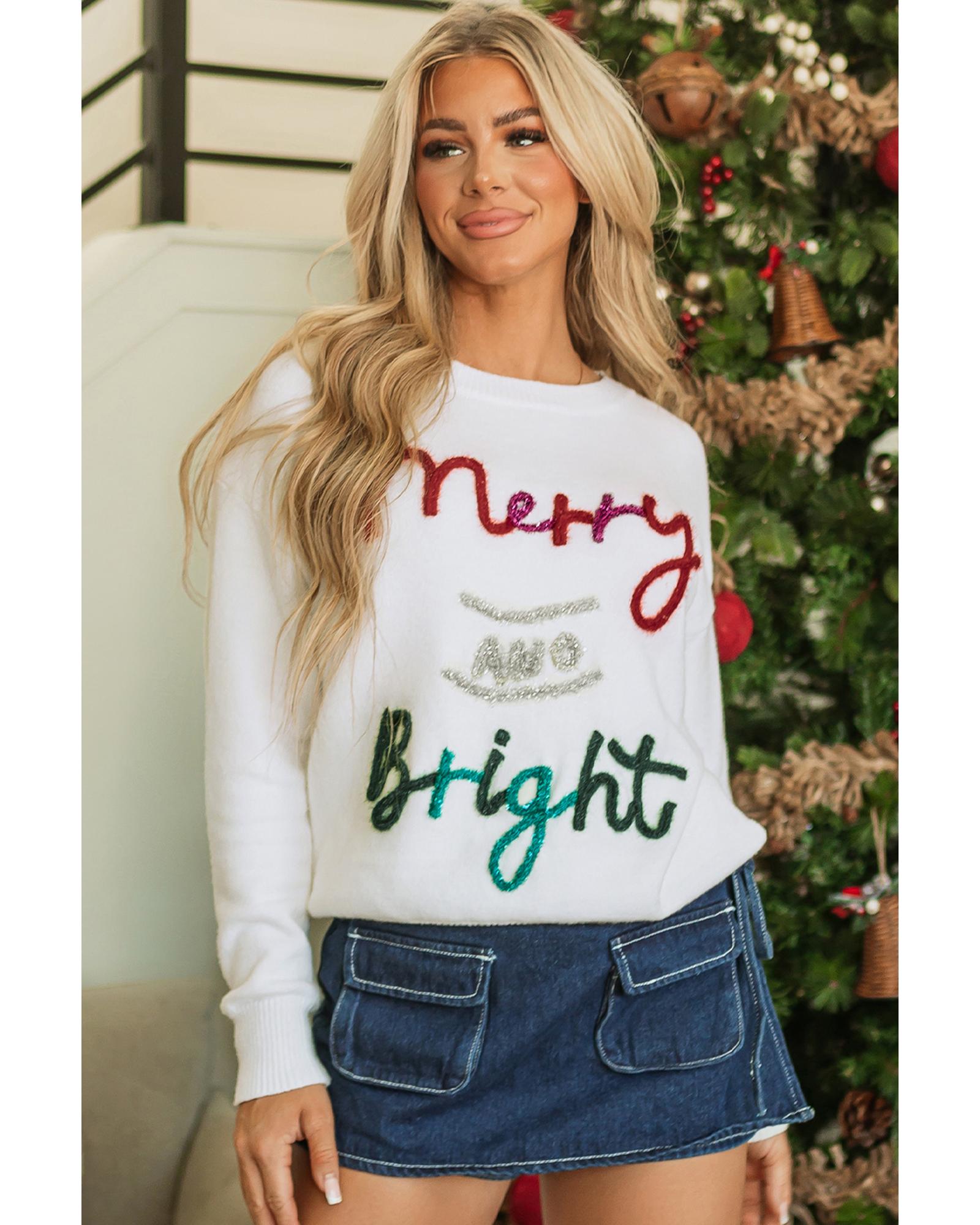 White Tinsel Merry and Bright Graphic Christmas Sweater - L