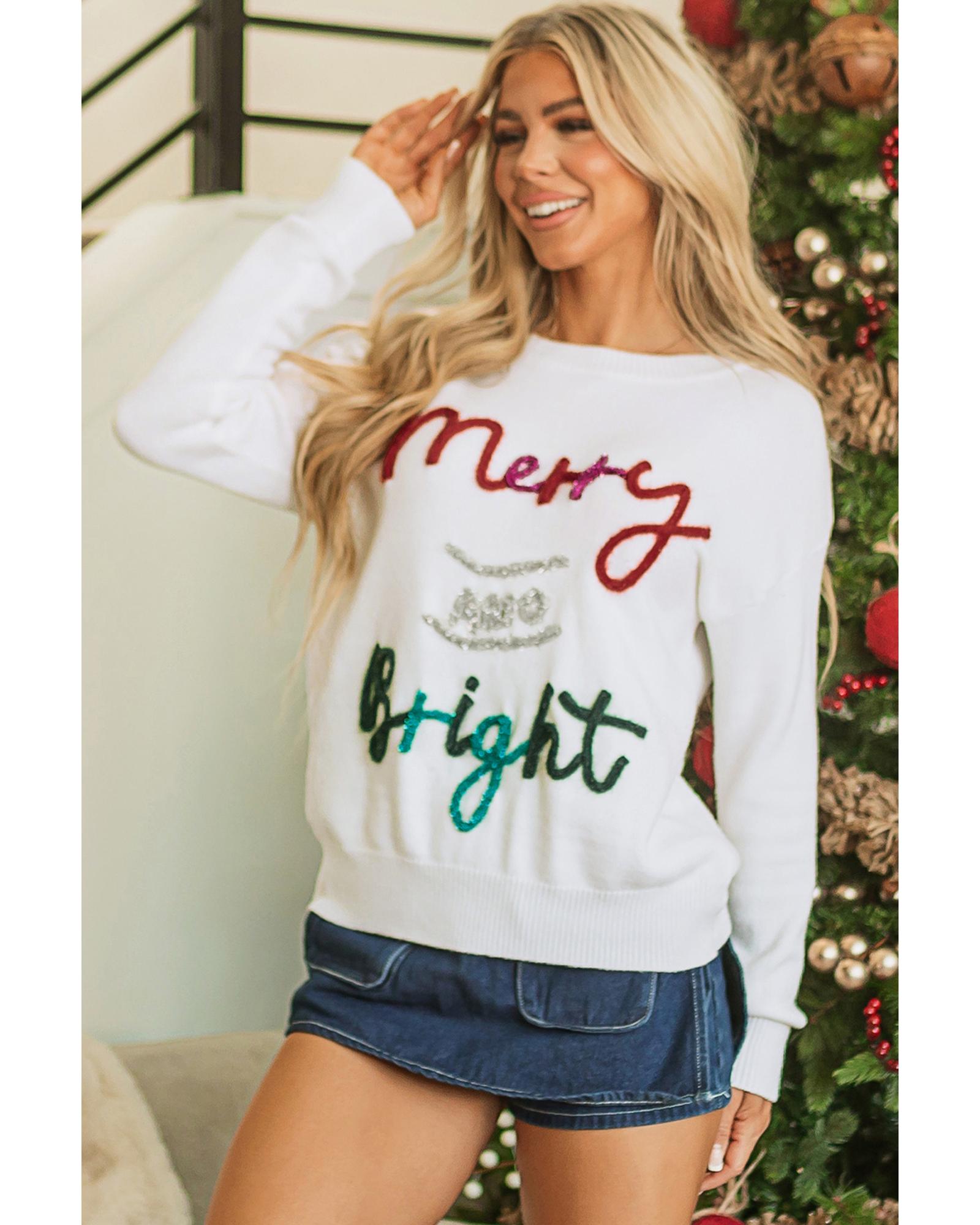 White Tinsel Merry and Bright Graphic Christmas Sweater - S