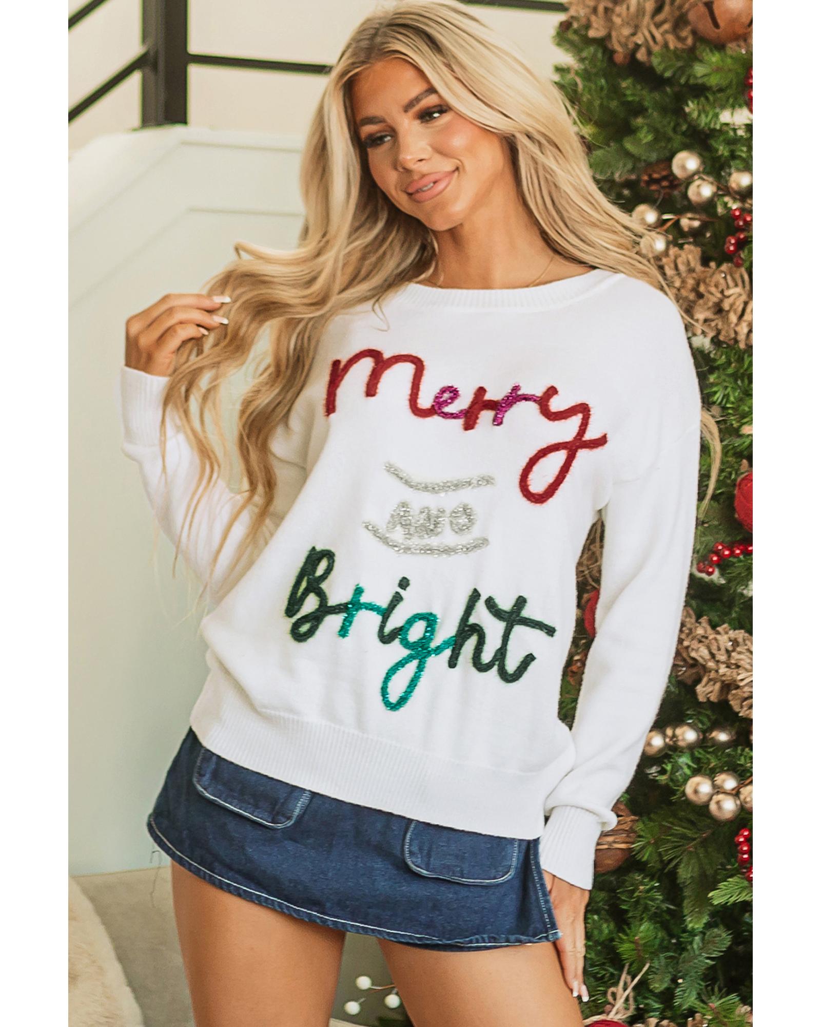 White Tinsel Merry and Bright Graphic Christmas Sweater - XL