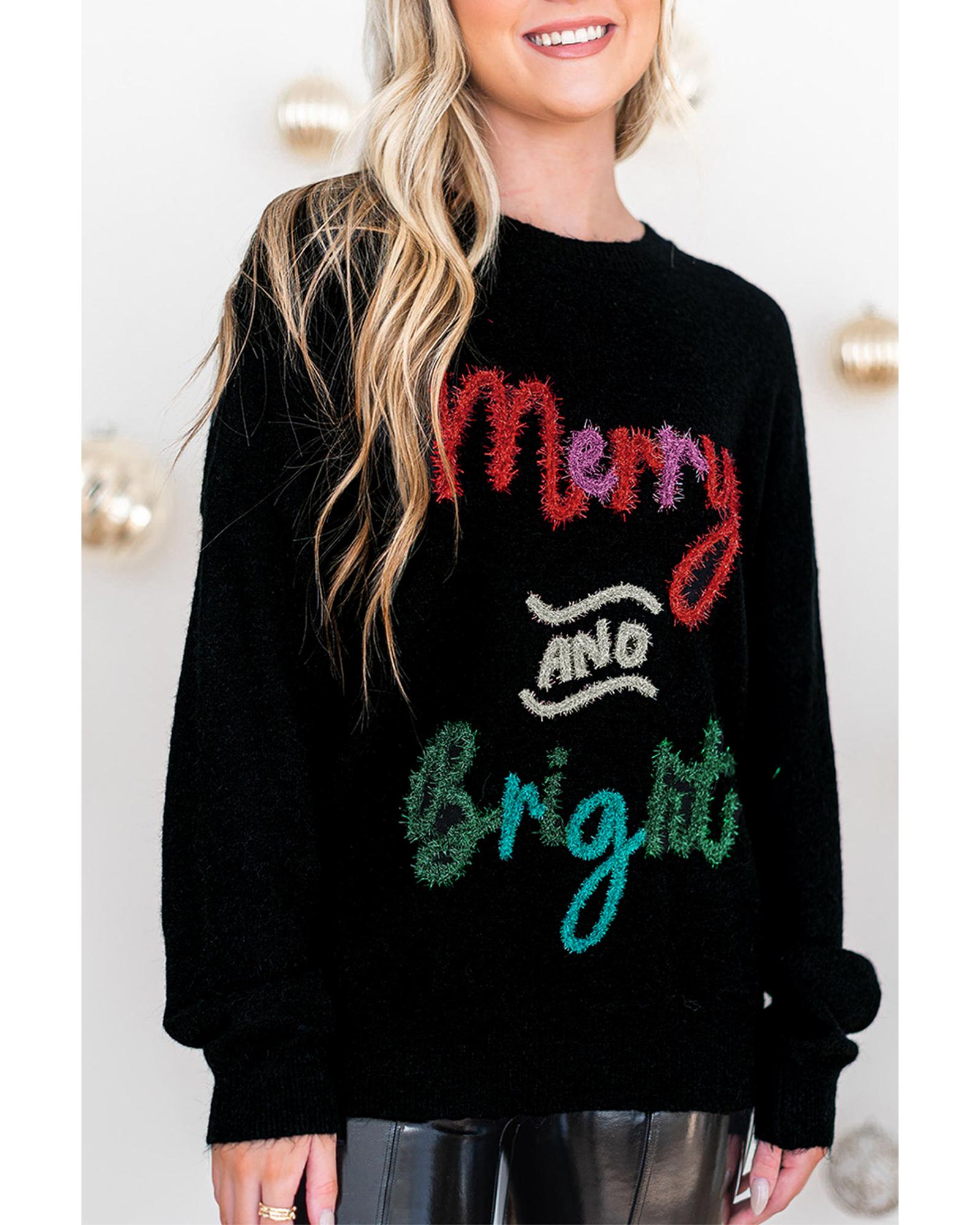 Black Tinsel Merry and Bright Graphic Christmas Sweater - L