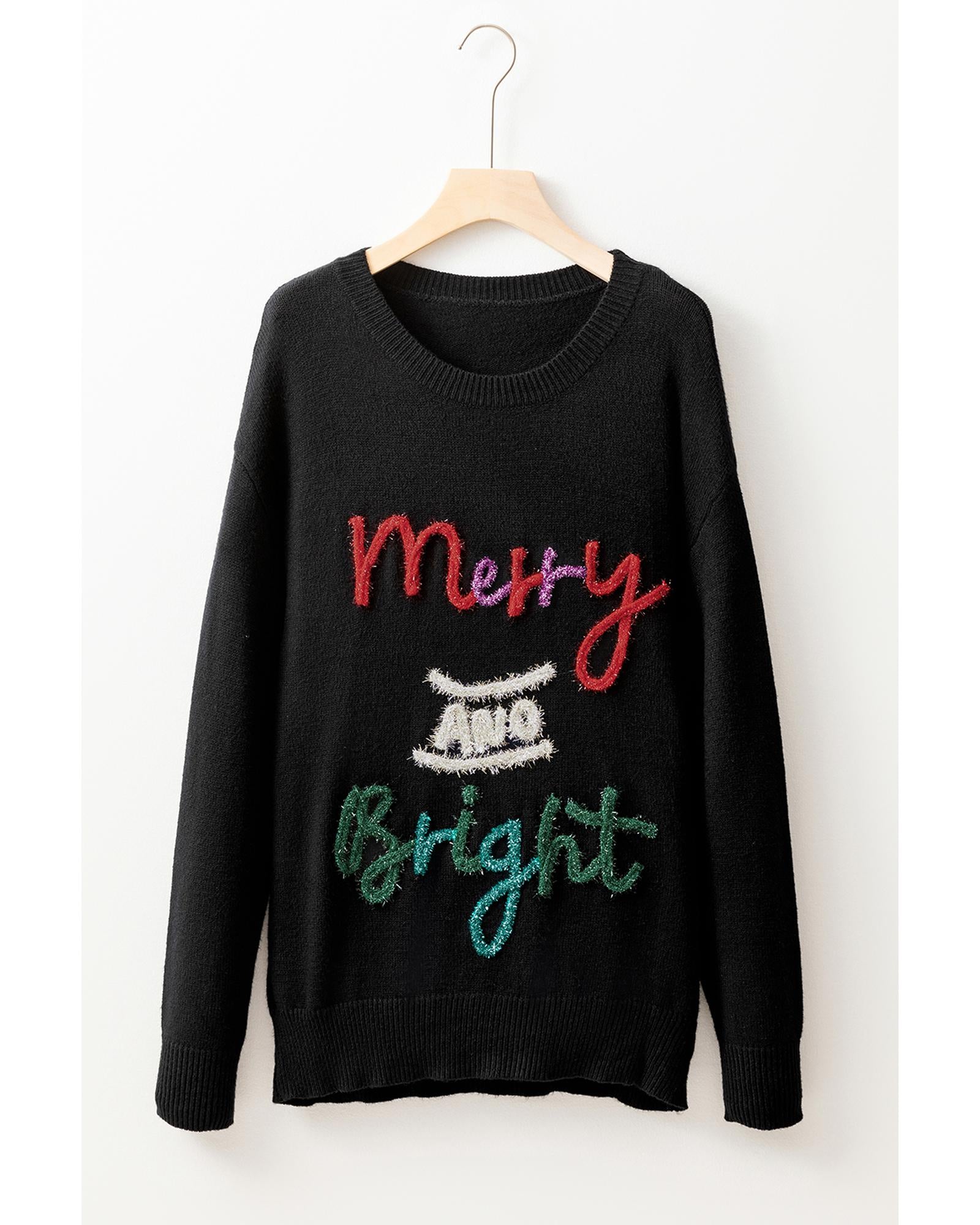 Black Tinsel Merry and Bright Graphic Christmas Sweater - L