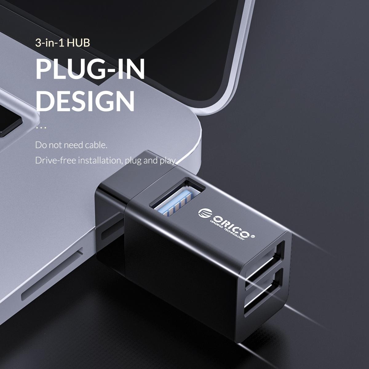 3-In-1 Usb Mini Hub Adapter For Multiple Devices - Black
