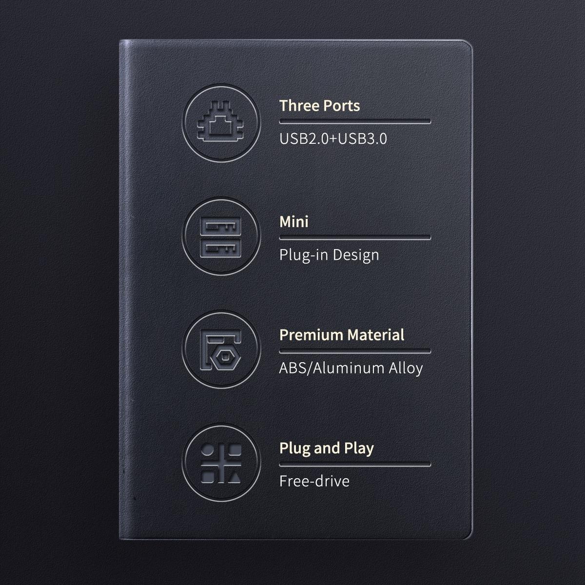 3-In-1 Usb Aluminum Mini Hub Adapter - Black