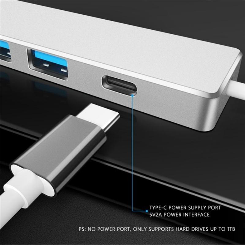 Usb 3.0 Type-C + 4-Port Hub For Laptop Expansion - Grey