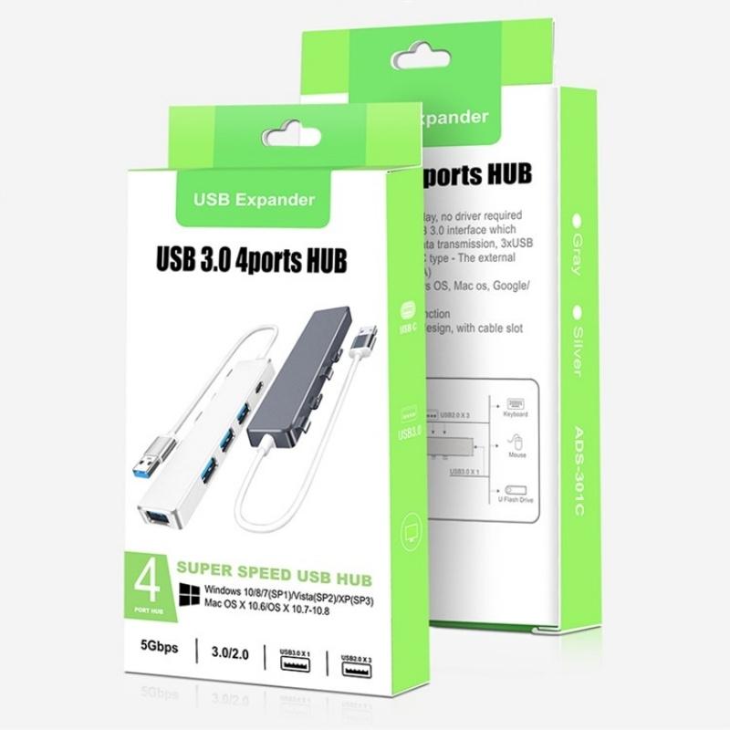 Usb 3.0 Type-C + 4-Port Hub For Laptop Expansion - Grey