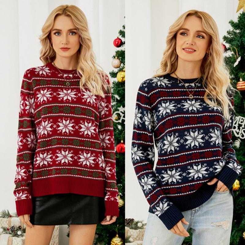 Women Round Neck Christmas Knitwear Long Sleeve Snowflake Christmas Sweater - Red - M
