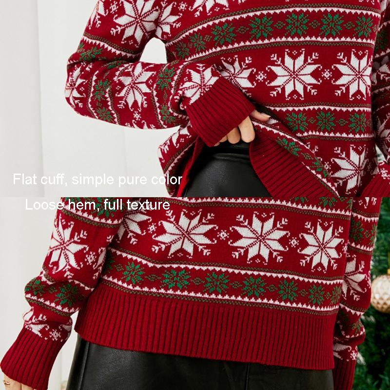 Women Round Neck Christmas Knitwear Long Sleeve Snowflake Christmas Sweater - Red - M