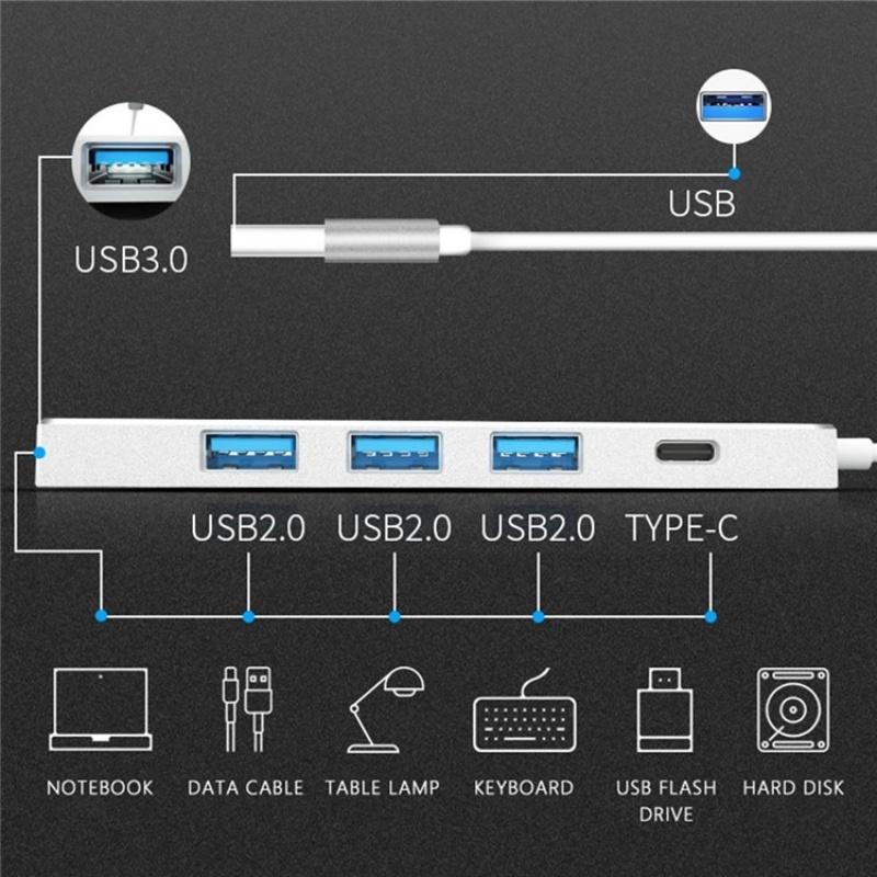 Usb 3.0 Type-C + 4-Port Hub For Laptop Expansion - Silver