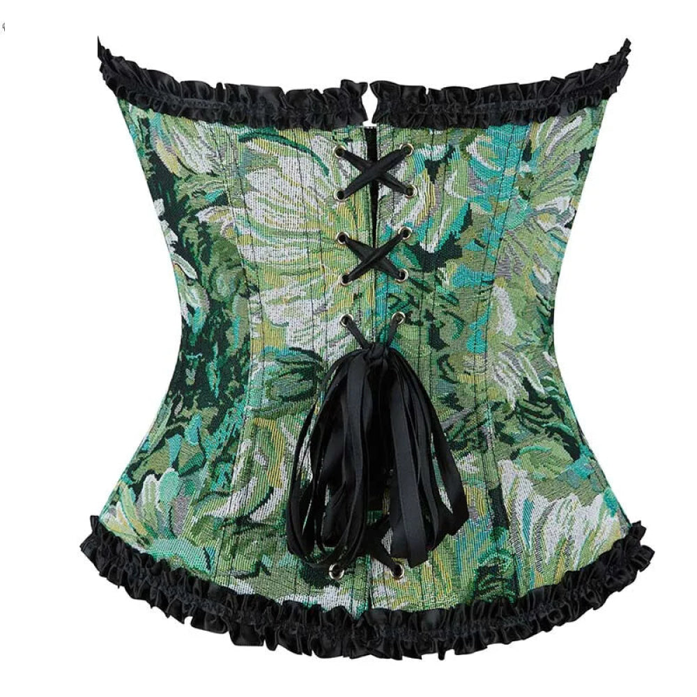 Ruffled Lace Trim Boned Corset Top Green Renaissance Christmas Lingerie - L