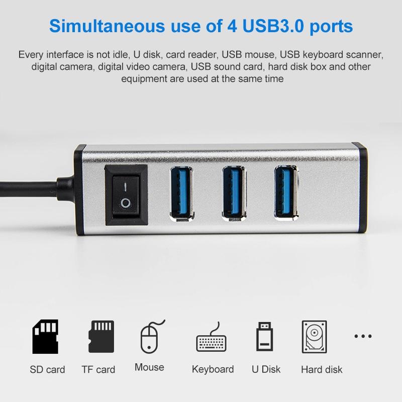 4-Port Aluminum Usb 3.0 Hub With Switch - Silver