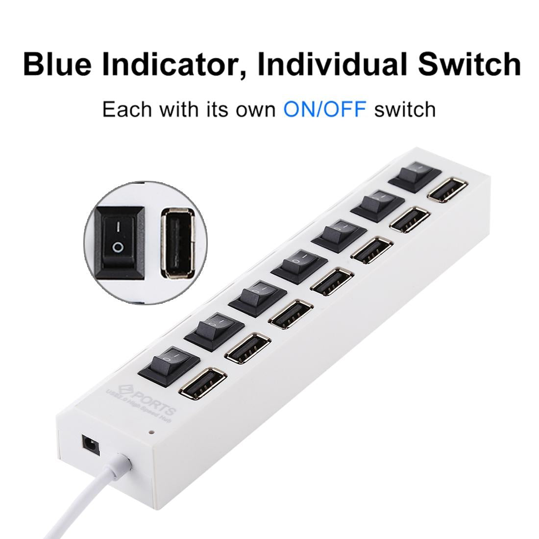 7-Port Usb Hub With High Speed 480Mbps On / Off Switch & 7 Leds - White