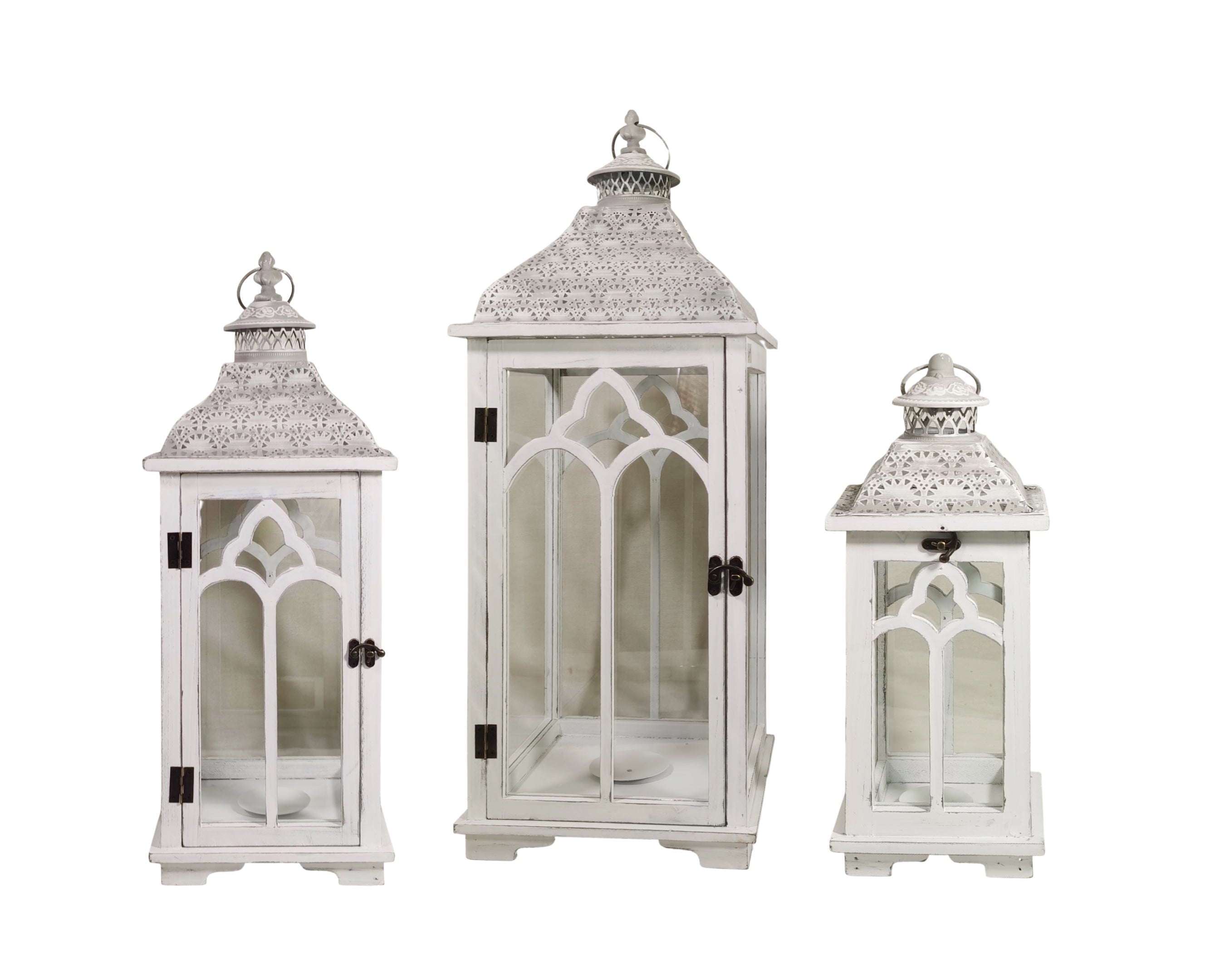 Set 3 Moroccan Metal & Wooden Lantern White 79cm