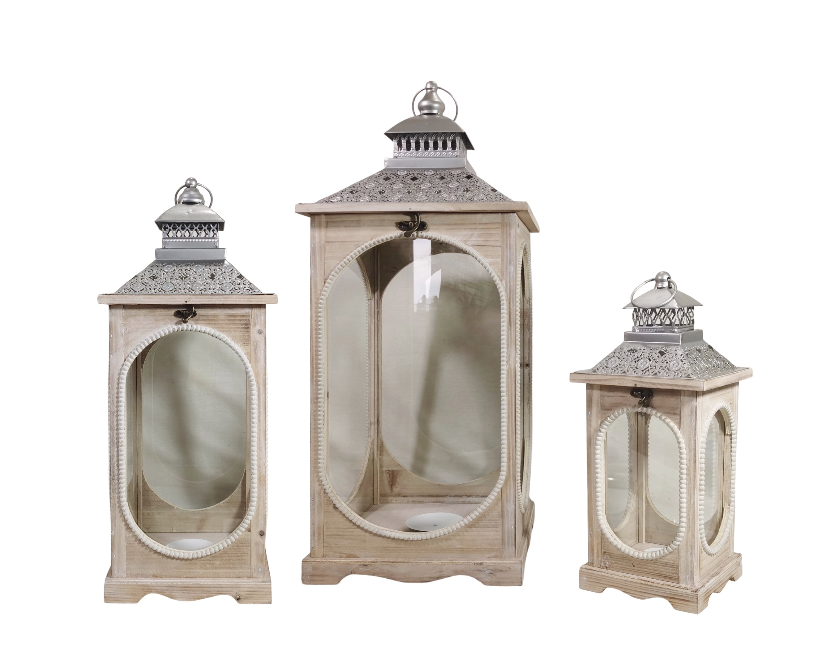 Set 3 Natural Wooden Lantern w Oval Shape 76cm