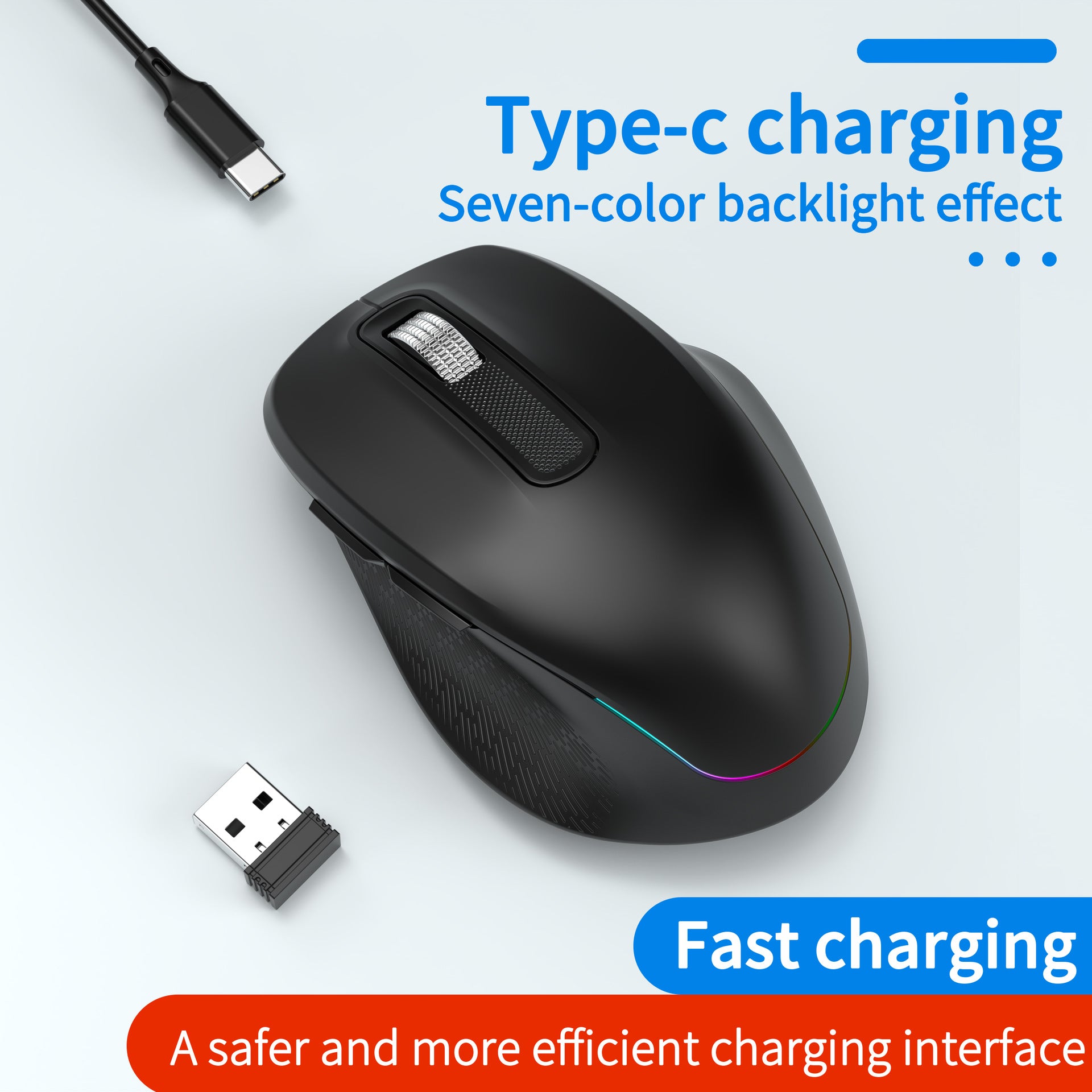 Ergonomic 2.4G Wireless & Bluetooth Dual Mode RGB Backlit Mouse with Type-C Charging - Silent Click for Laptop PC