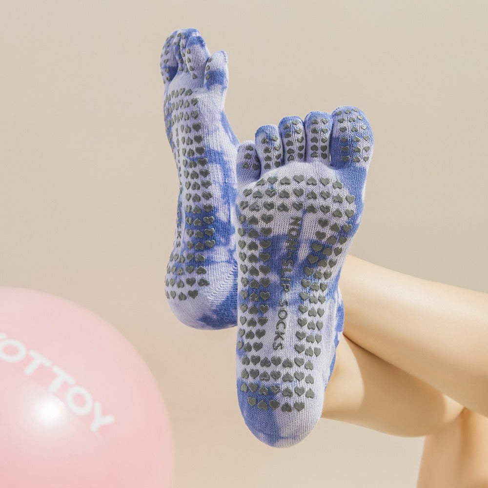 2 Pairs Pink Tie-Dye Non-Slip Yoga Socks for Women - Five-Toe Cotton Blend Socks for Pilates and Indoor Sports