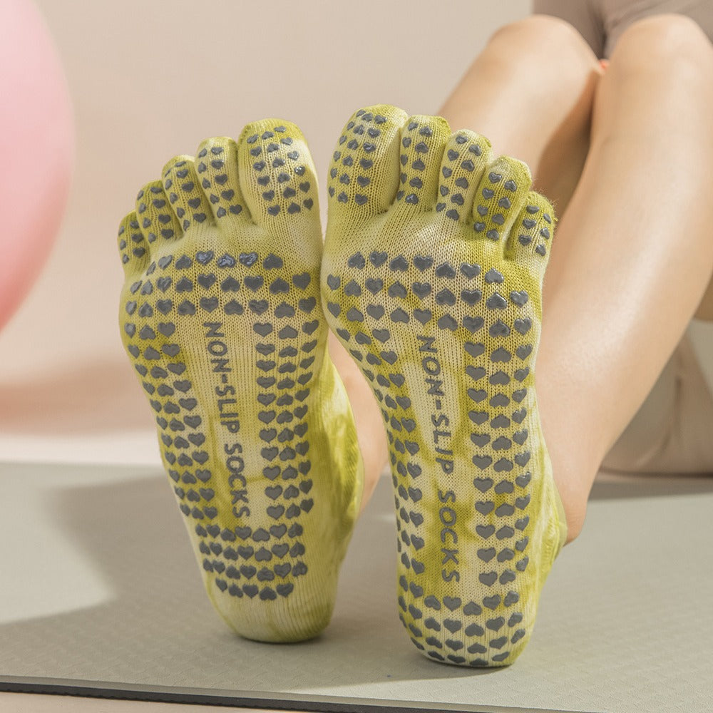 2 Pairs Yellow Tie-Dye Non-Slip Yoga Socks for Women - Five-Toe Cotton Blend Socks for Pilates and Indoor Sports