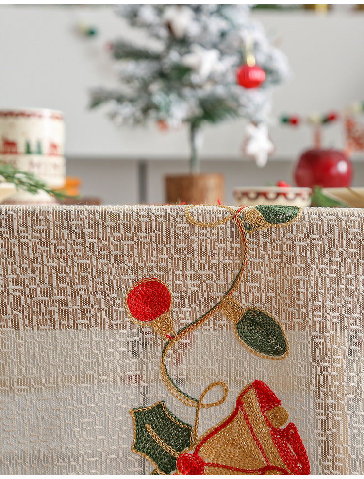 Embroidered Christmas Tablecloth - Embroidered Bells & Holly Design (140*200cm)