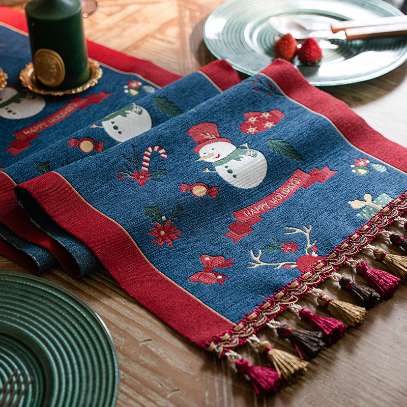 Blue Christmas Festive Table Runner - Blue with Snowman, Reindeer and Happy Holidays (35*200cm)