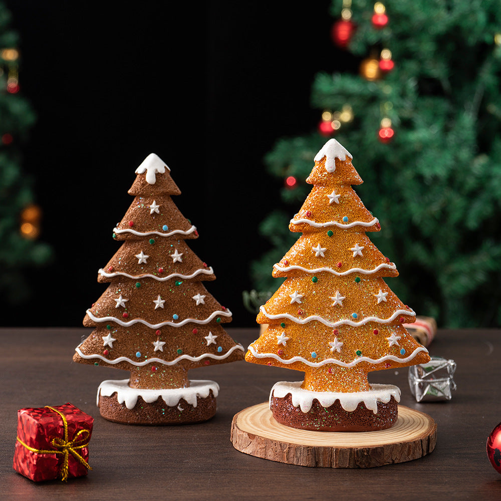 2 Pcs (1 Yellow + 1 Brown) Charming Gingerbread Christmas Tree Figurine - Festive Resin Holiday Table Decor Ornament