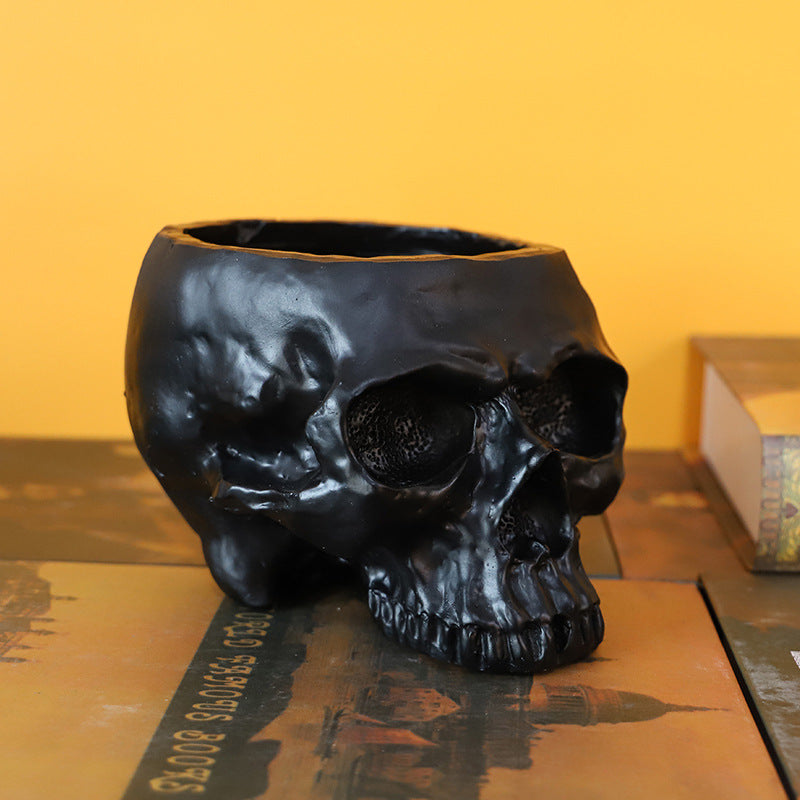 Black Halloween Skull Resin Desktop Ornament and Pen Holder - Spooky Decor